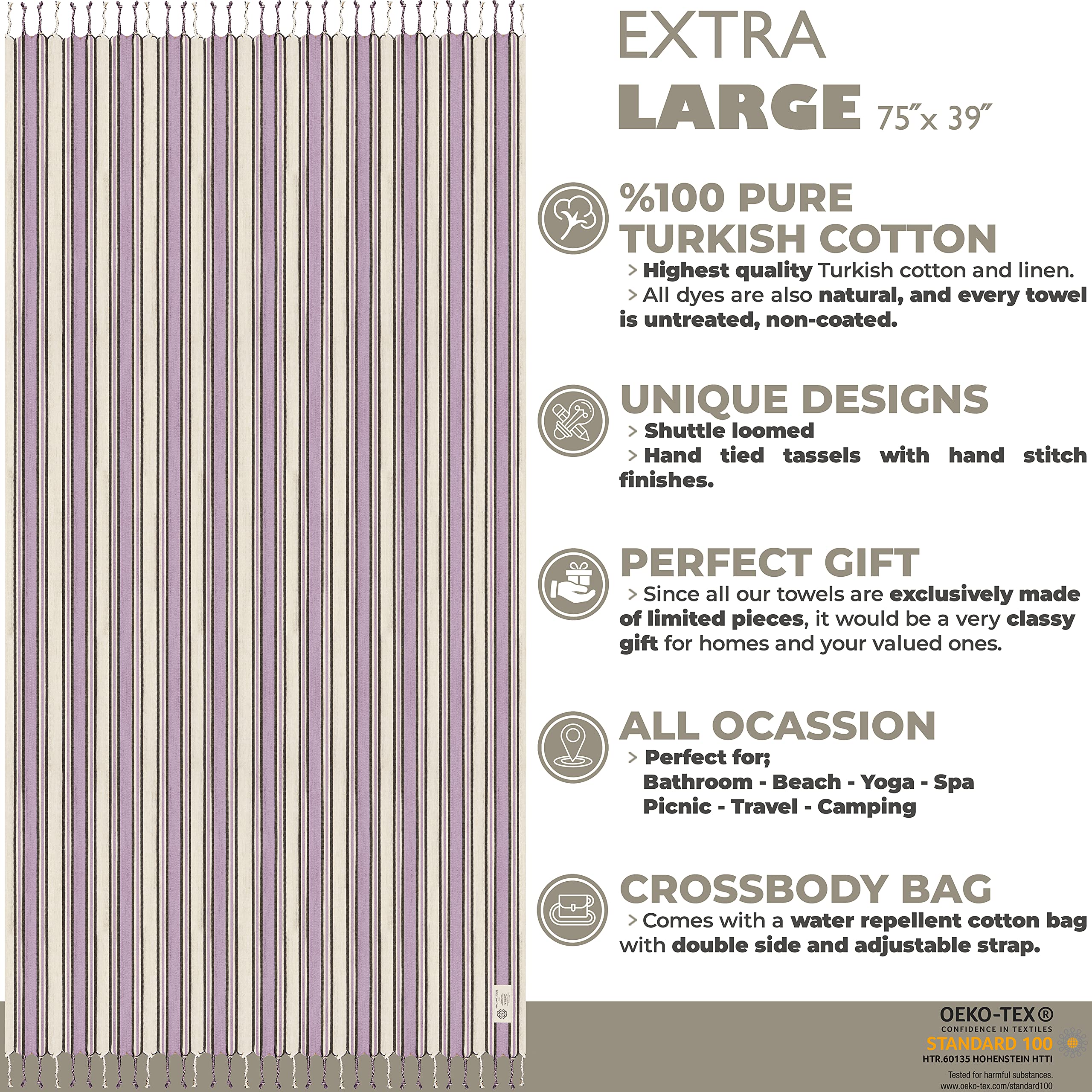 Madamelique Lavender Beach Towel With Beach Bag - 39 X 74 - Prewashed Cotton - Quick Dry - Sand Free - Hand Loomed Turkish Bath