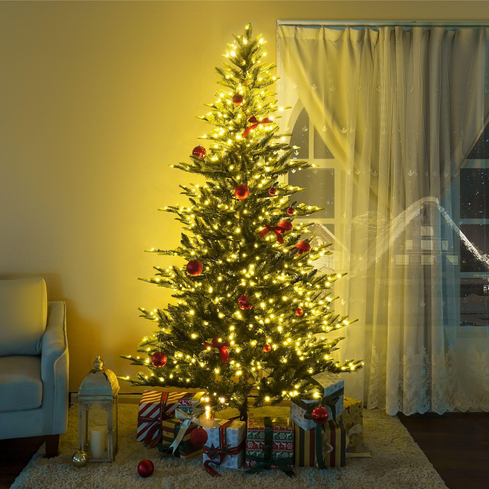 Naomi Home Lujan 9ft Prelit Aritificial Christmas Tree with 2106 Branch Tips, 1100 Warm Lights and Metal Stand, 61 Wide Realisti