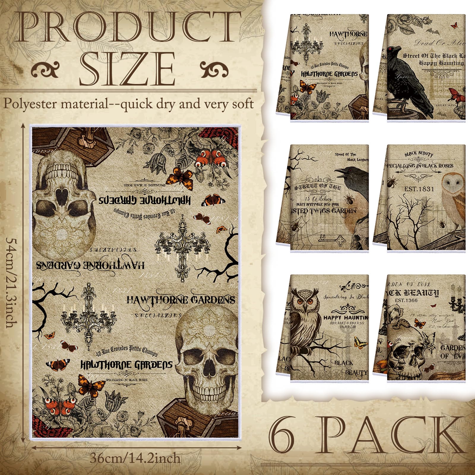 Ganeen 6 Pcs Halloween Kitchen Towels Set Halloween Skeletons Crows Owl Dish Vintage Terror Hand Cooking Baking Tea Towels for H