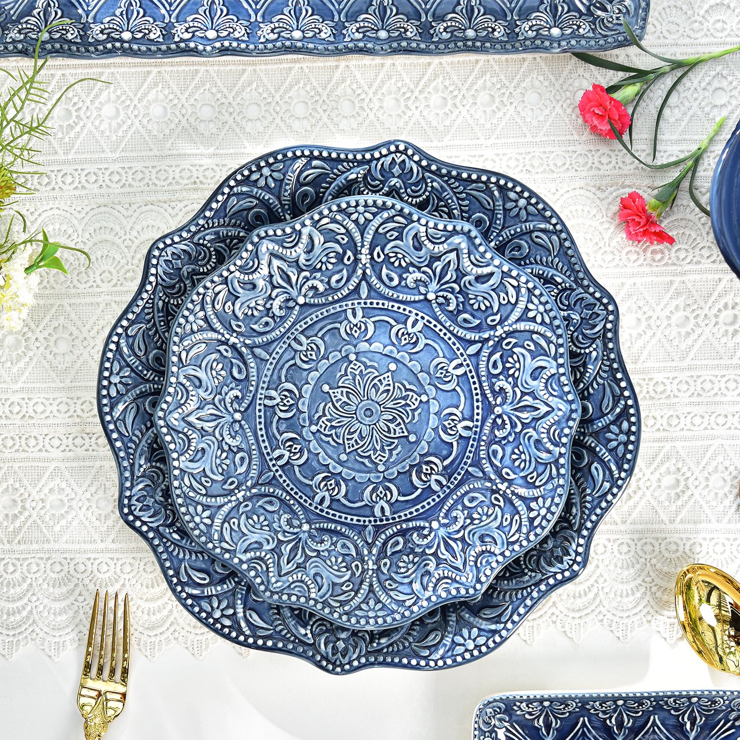 Sungmor Embossed Stoneware Fine Dining Dinnerware, Antique Baroque Style Porcelain Dinner Plates Set of 2 (8.5'' Salad Plate & 1