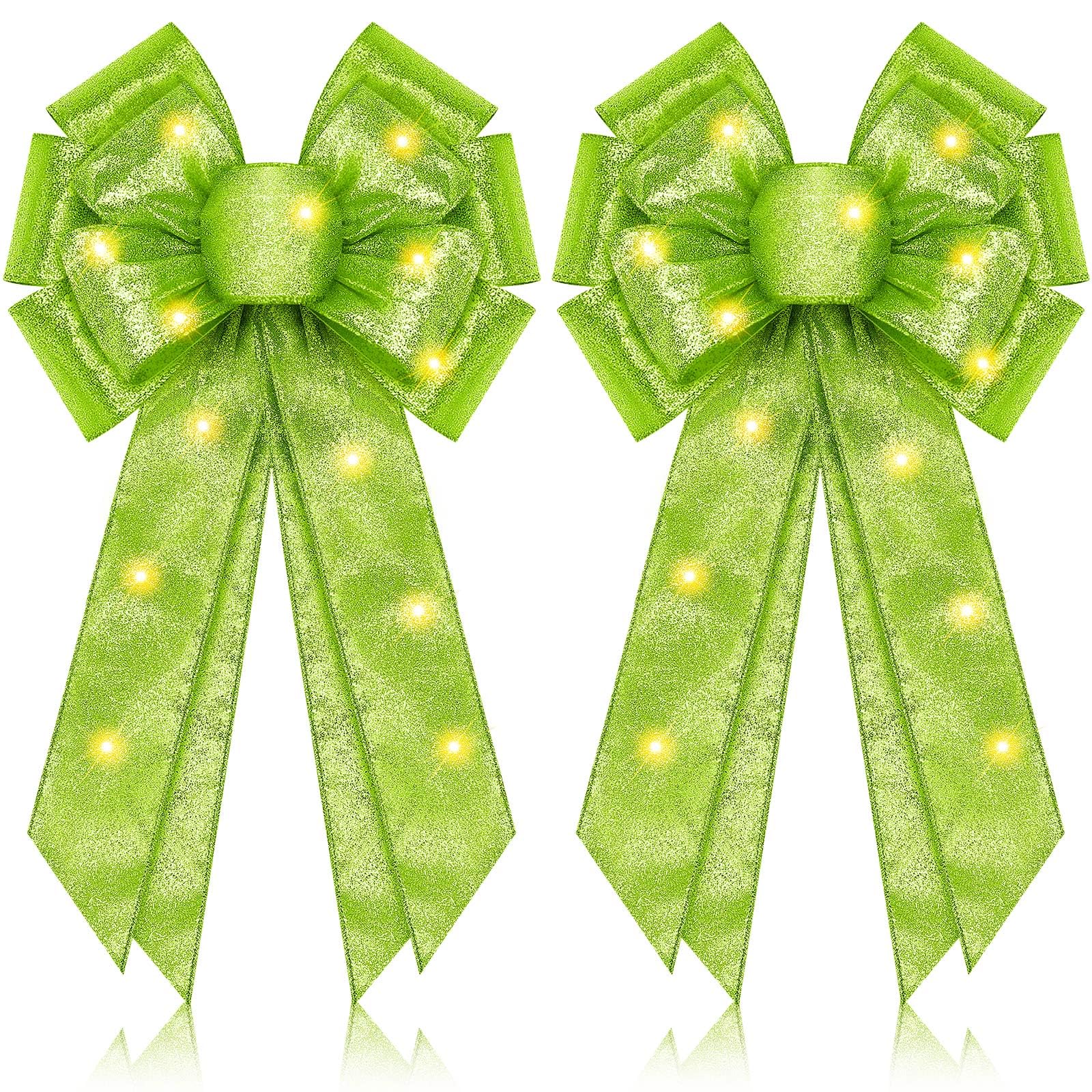Giegxin 2 Pcs Large Lime Green Lighted Christmas Bows with Lights for Wreath and Tree Topper, 18x10 Inch Pre Lit Wreath Bow Ligh