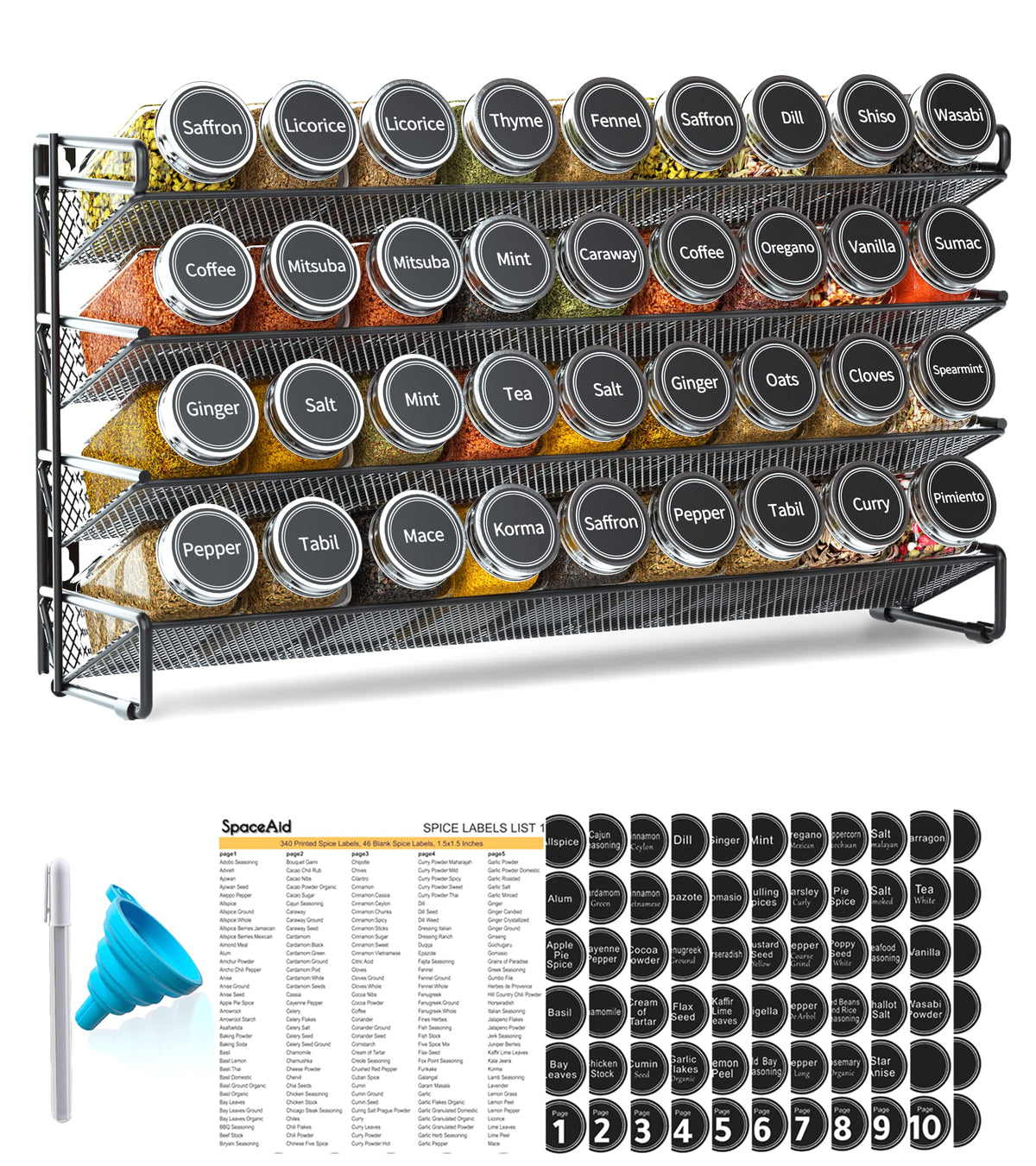 SpaceAid Spice Rack Organizer with 36 Spice Jars, 386 Spice Labels, Chalk Marker and Funnel Set for Cabinet, Countertop, Pantry,