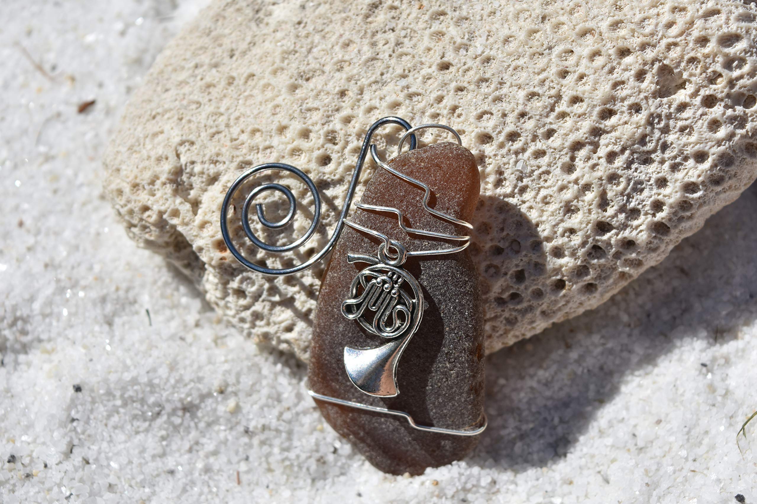 Silver French Horn Charm on a Genuine Brown Sea Glass Ornament - Made to Order