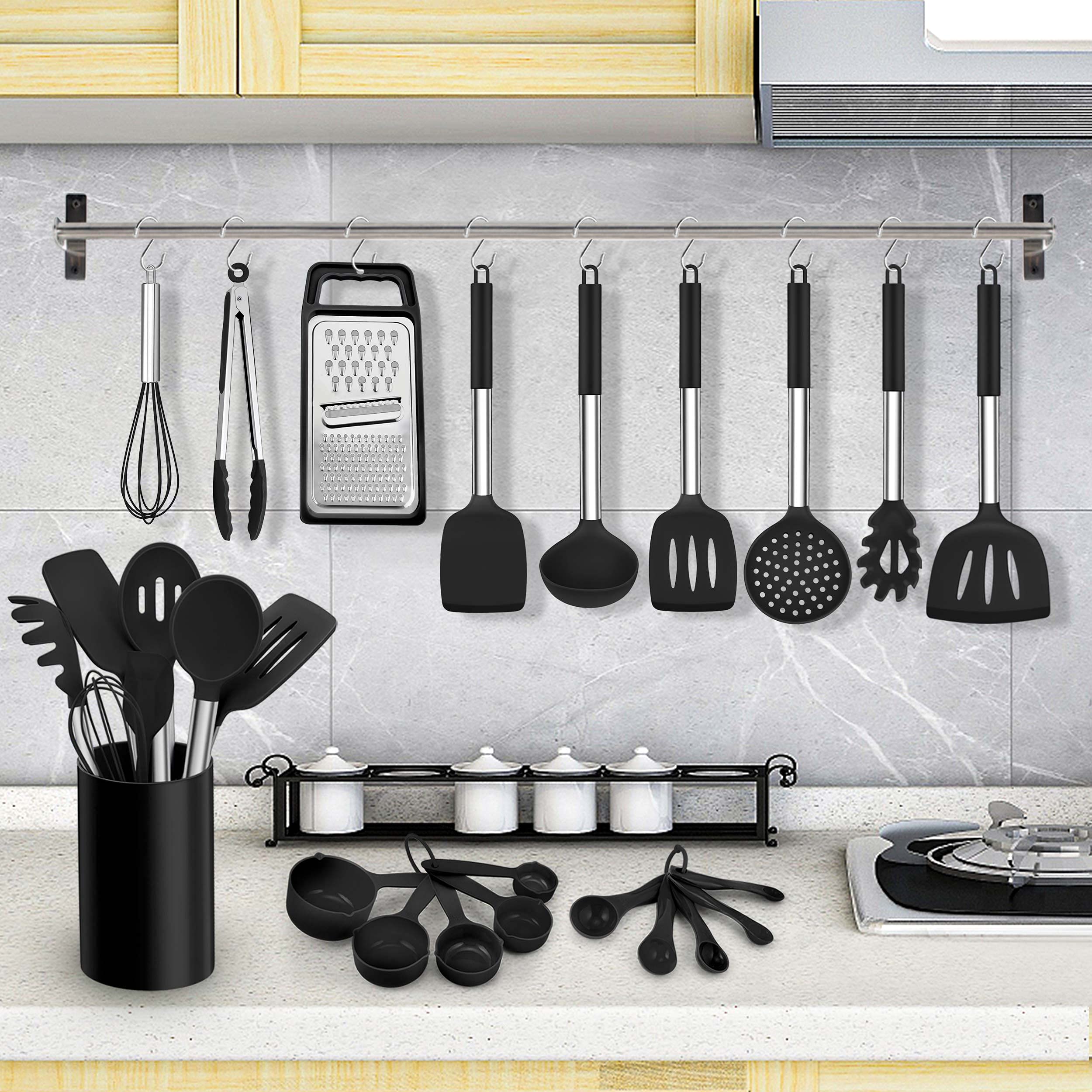 Lianyu 27 Pcs Cooking Utensils Set With Holder, Silicone Kitchen Utensils Spatula Set With Stainless Steel Handle, Kitchen Cooki