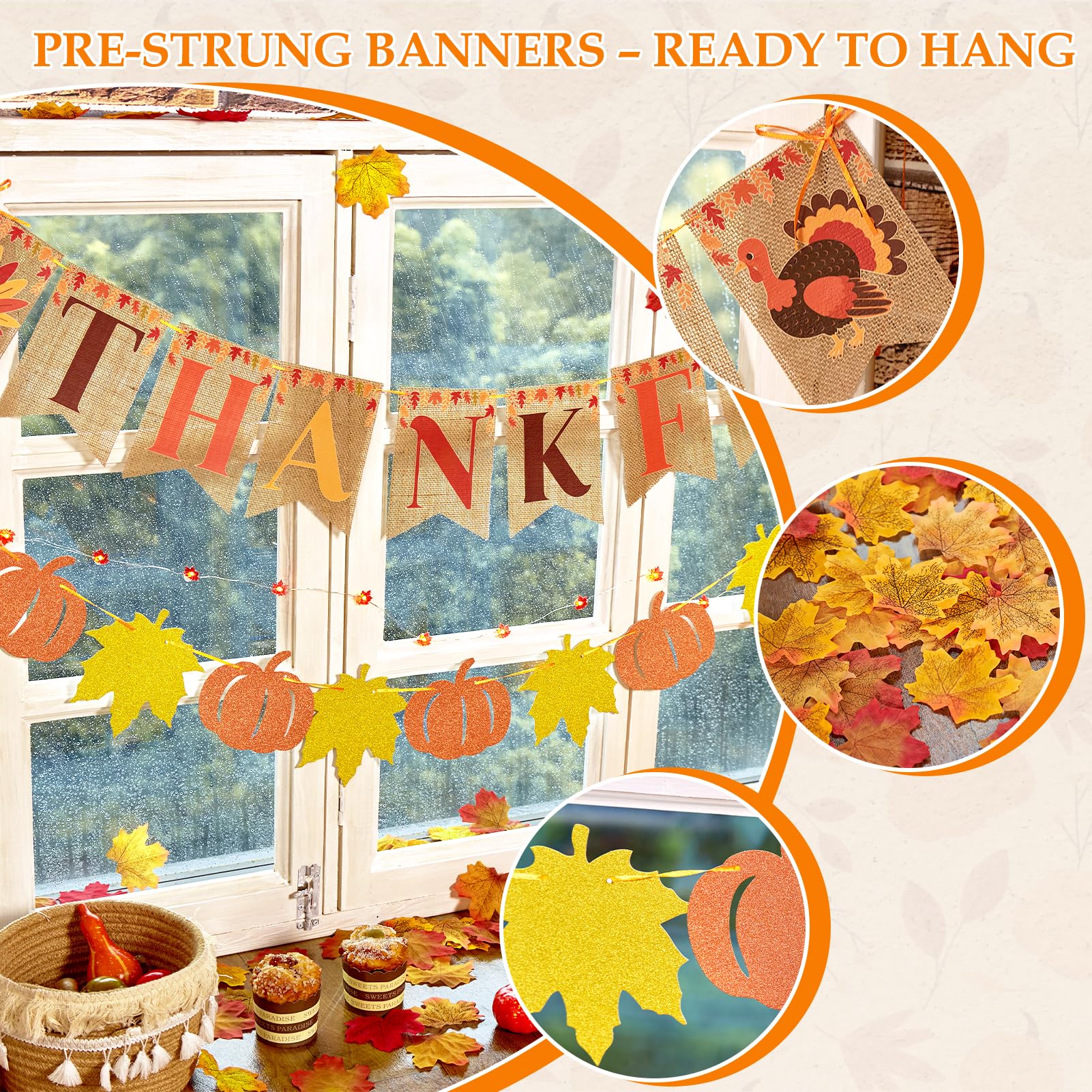 Homarkable Fall Party Decorations, with Pre-Strung Thankful Burlap Banner and 100 Pcs Maple Leaf Confetti for Autumn Thanksgivin