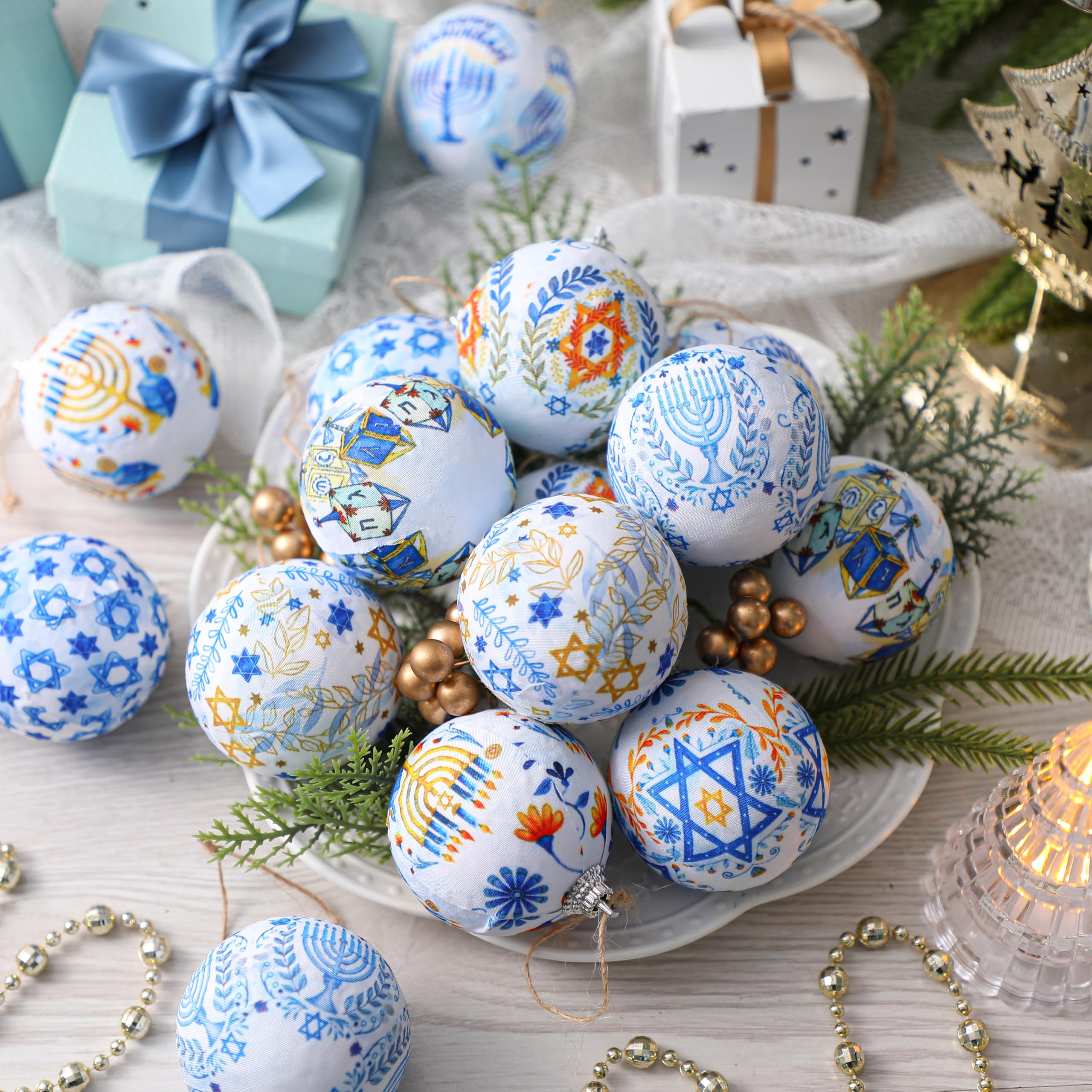 Outus 16 Pcs Hanukkah Ball Ornaments Hanukkah Hanging Ornament for Tree Blue and White Jewish Christmas Decorations for Tree Sta