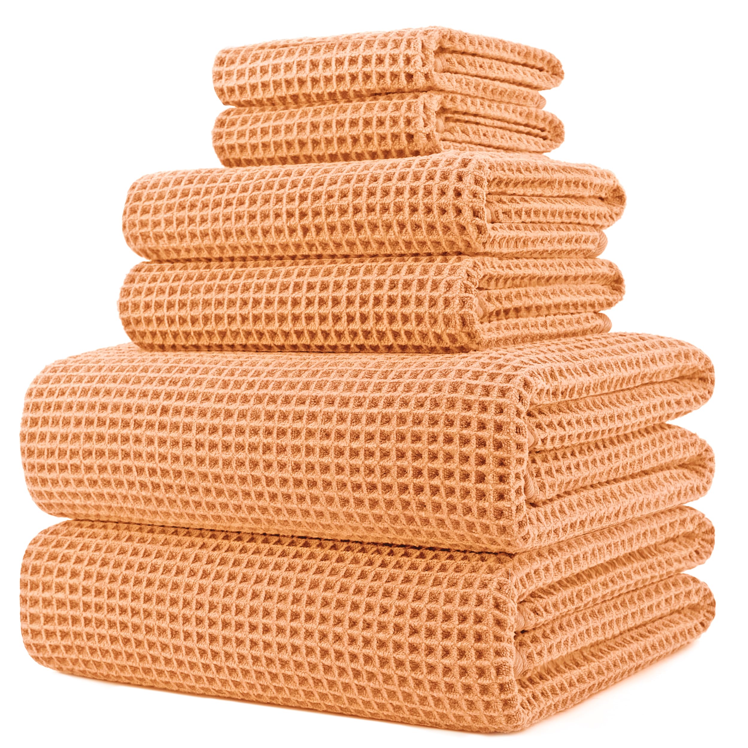 Polyte Oversize, 60 X 30 In., Quick Dry Lint Free Microfiber Bath Towel Set, 6 Piece (Orange, Waffle Weave)