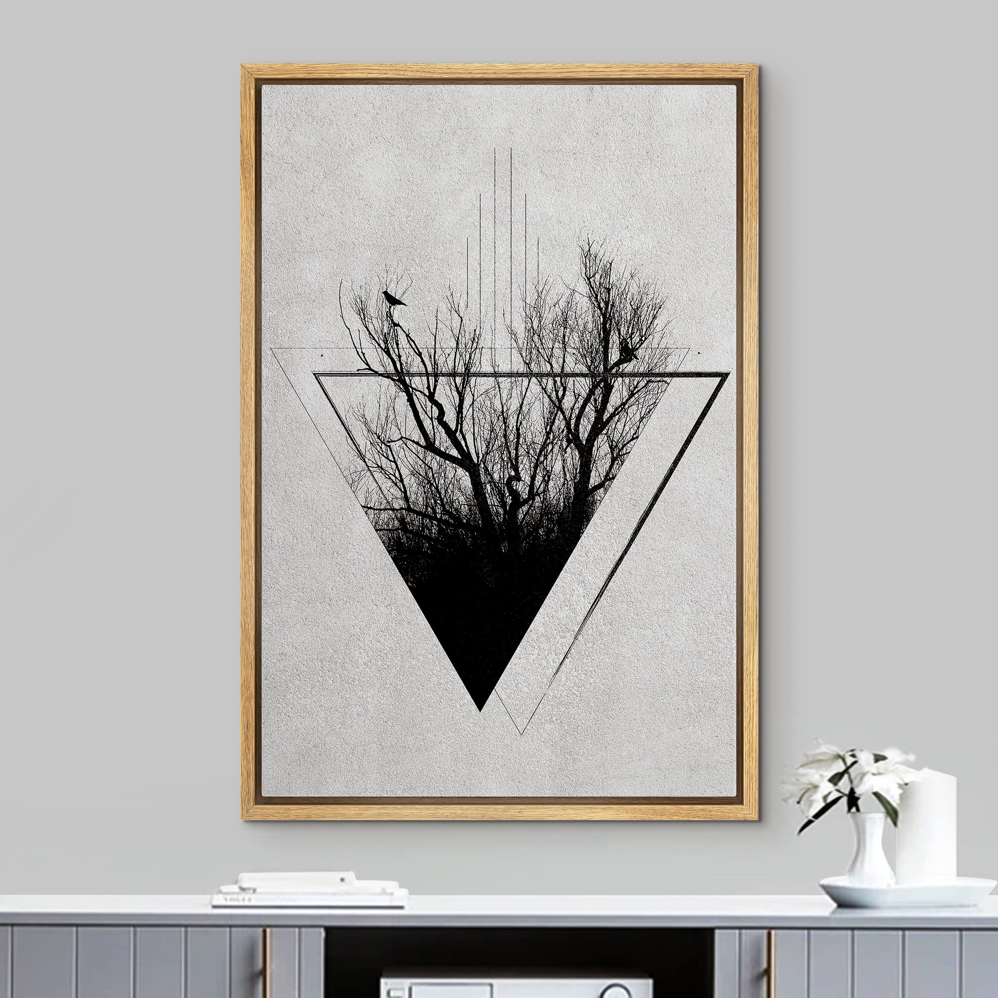 NWT Framed Canvas Print Wall Art Sketch Style Triangle Tree & Bird Silhouette Nature Wilderness Realism Minimalist Black and White for Living Room  Bedroom  Office - 24''x36'' Natural