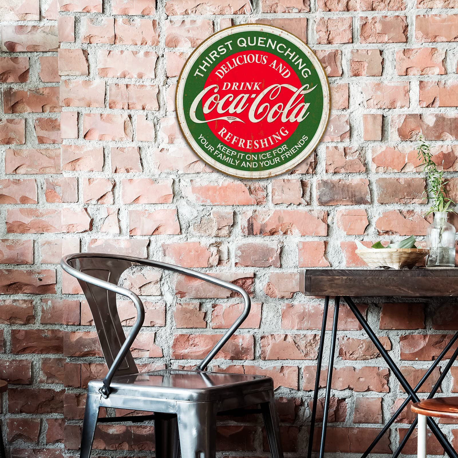 Desperate Enterprises Drink Coca-Cola Thirst Quenching Round Aluminum Sign with Embossed Edge - Nostalgic Vintage Metal Wall Decor - Made in USA