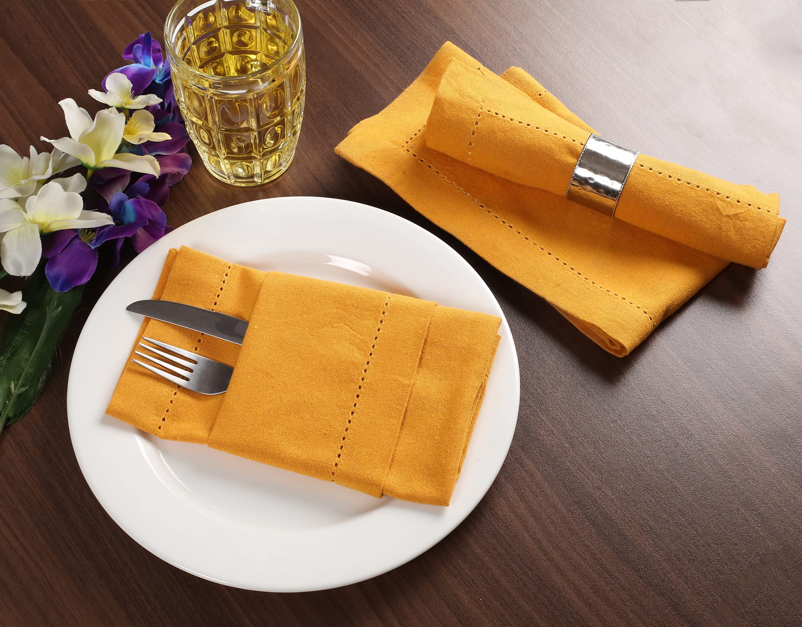 Palisa Cloth Dinner Napkins with Hemstitched Detailing & Mitered Corners Set of 12 (18x18 Inches) Mustard - Cotton Reusable Dinner Napkins - Perfect for Weddings & Everyday Use