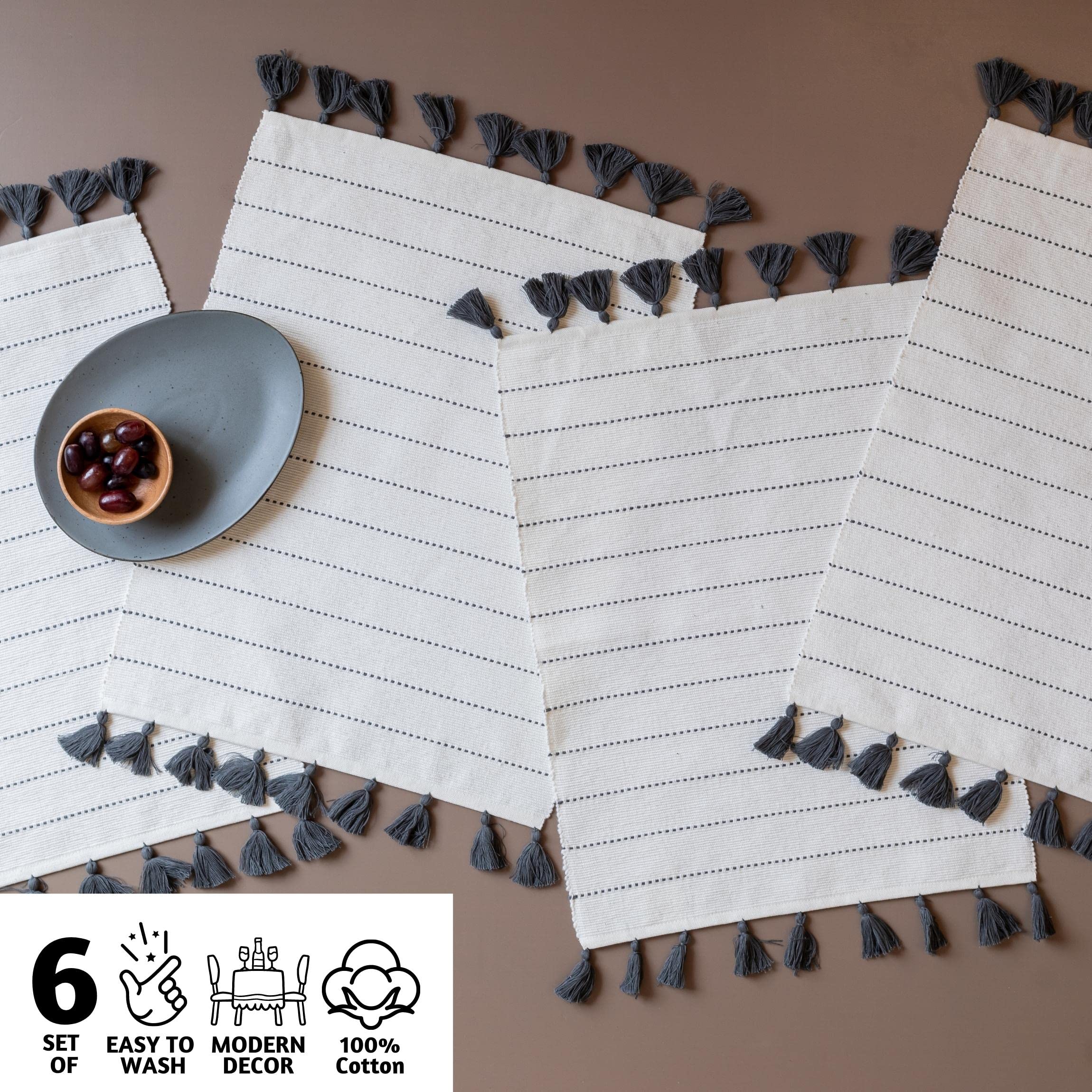 Folkulture Placemats Set Of 6, 100% Cotton Ribbed Place Mats 14 X 19 Inches With Cute Tassels, Table Mats For Farmhouse Table De