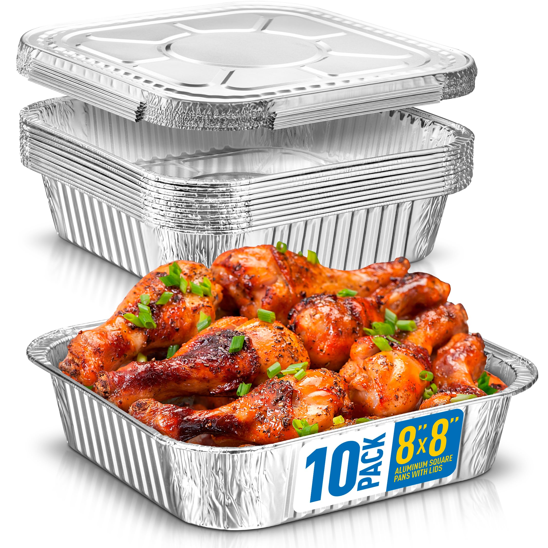 8X8 Disposable Aluminum Pans With Lids - 10 Pack Foil Pans For Cooking, Baking Cakes, Roasting & Homemade Breads - Disposable Fo