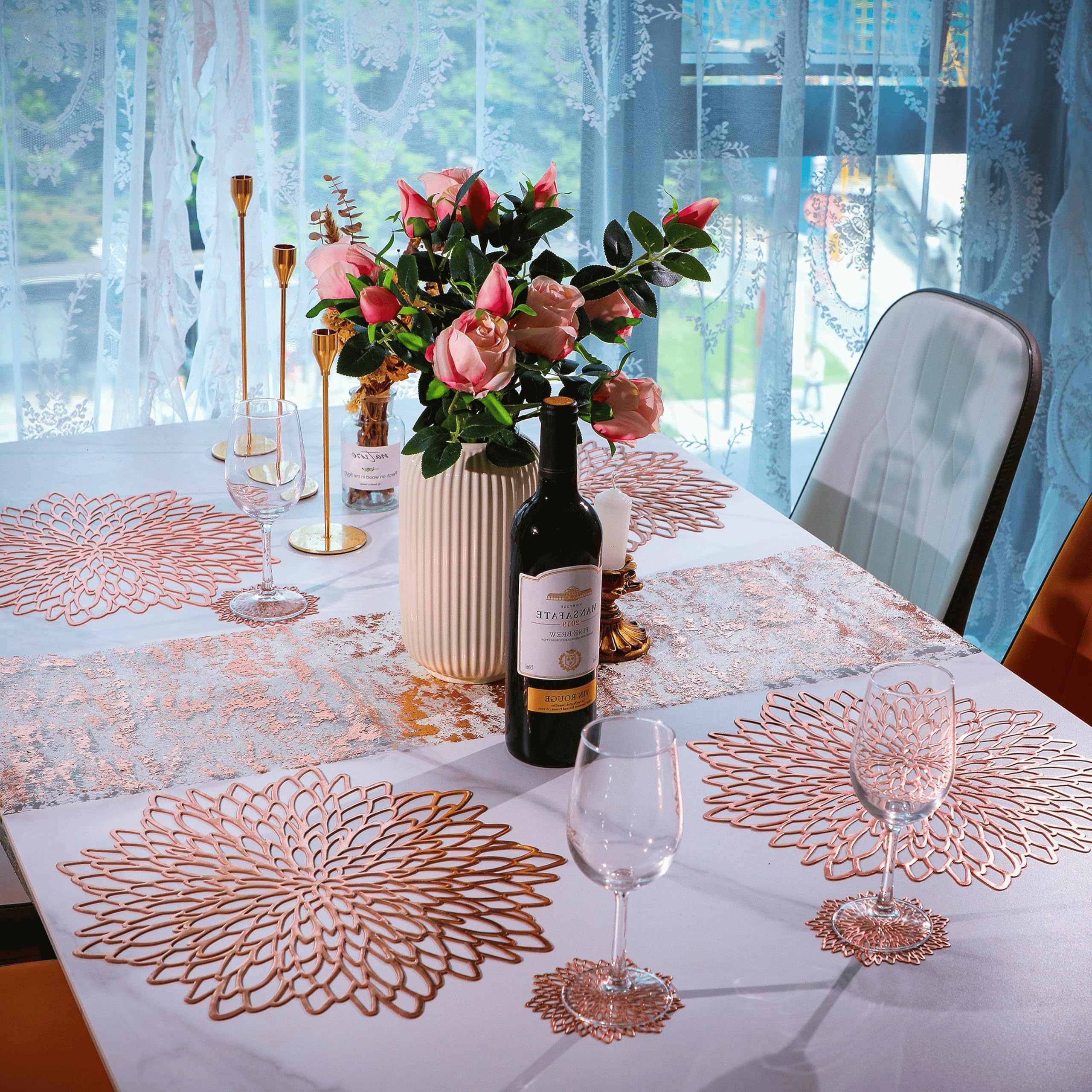 12 Pack Rose Gold Metallic Round Placemats Laminated Vinyl Leaf Dining Table Decorative By Snowkingdom
