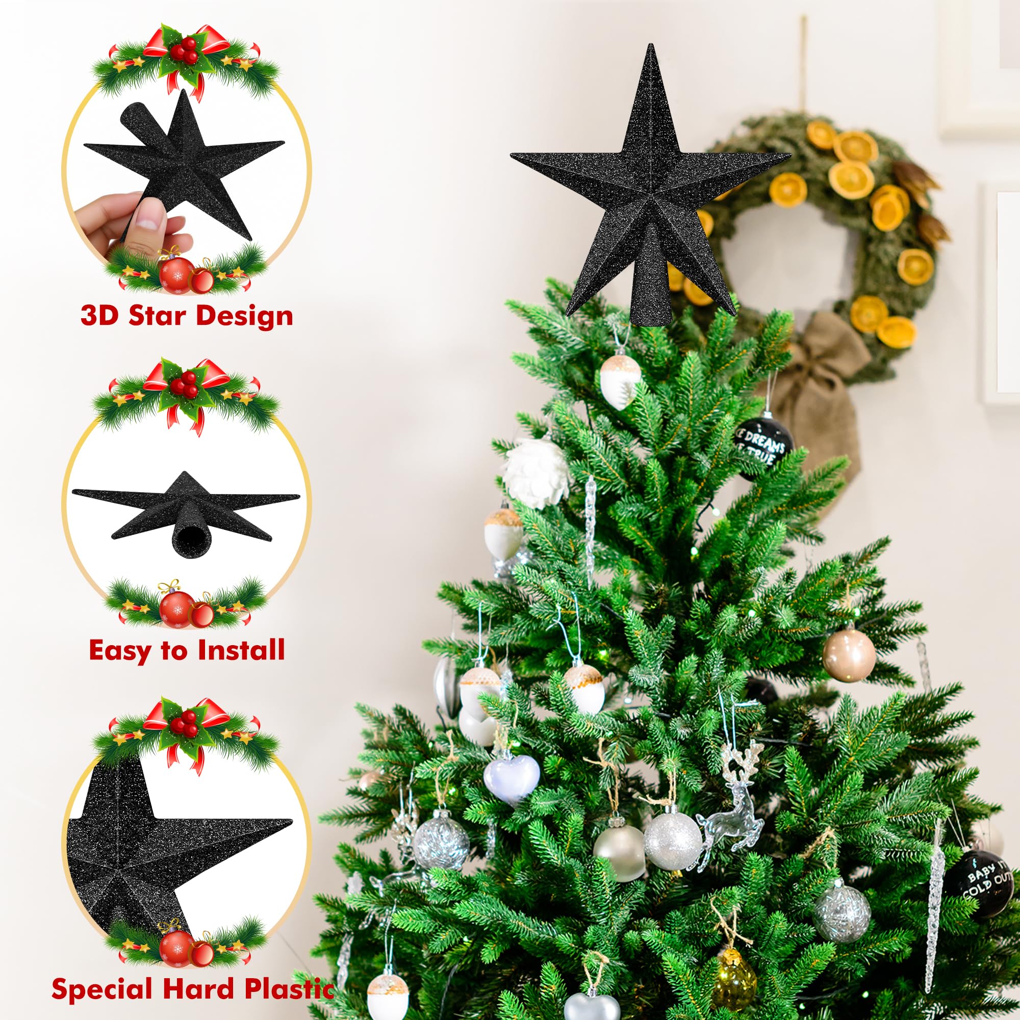 1PCS Christmas Star Tree Topper, 4 Black Christmas Tree Topper Decorations, 3D Glitter Shatterproof Mini Bethlehem Star Tree Dec