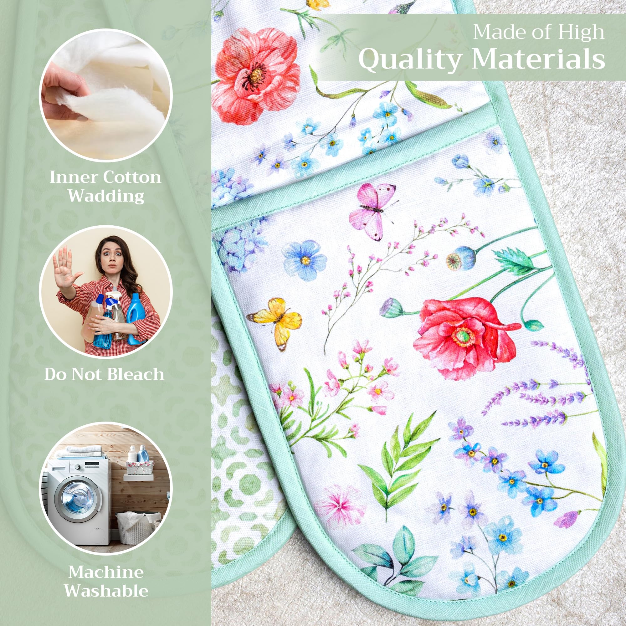 Maison d Hermine Just Florals 100% Cotton Easter Double Oven Glove with Loop Heat Resistant for BBQ  Cooking  Baking  Grilling  Microwave  Barbecue  Spring/Summer (7.5 Inch by 35 Inch)