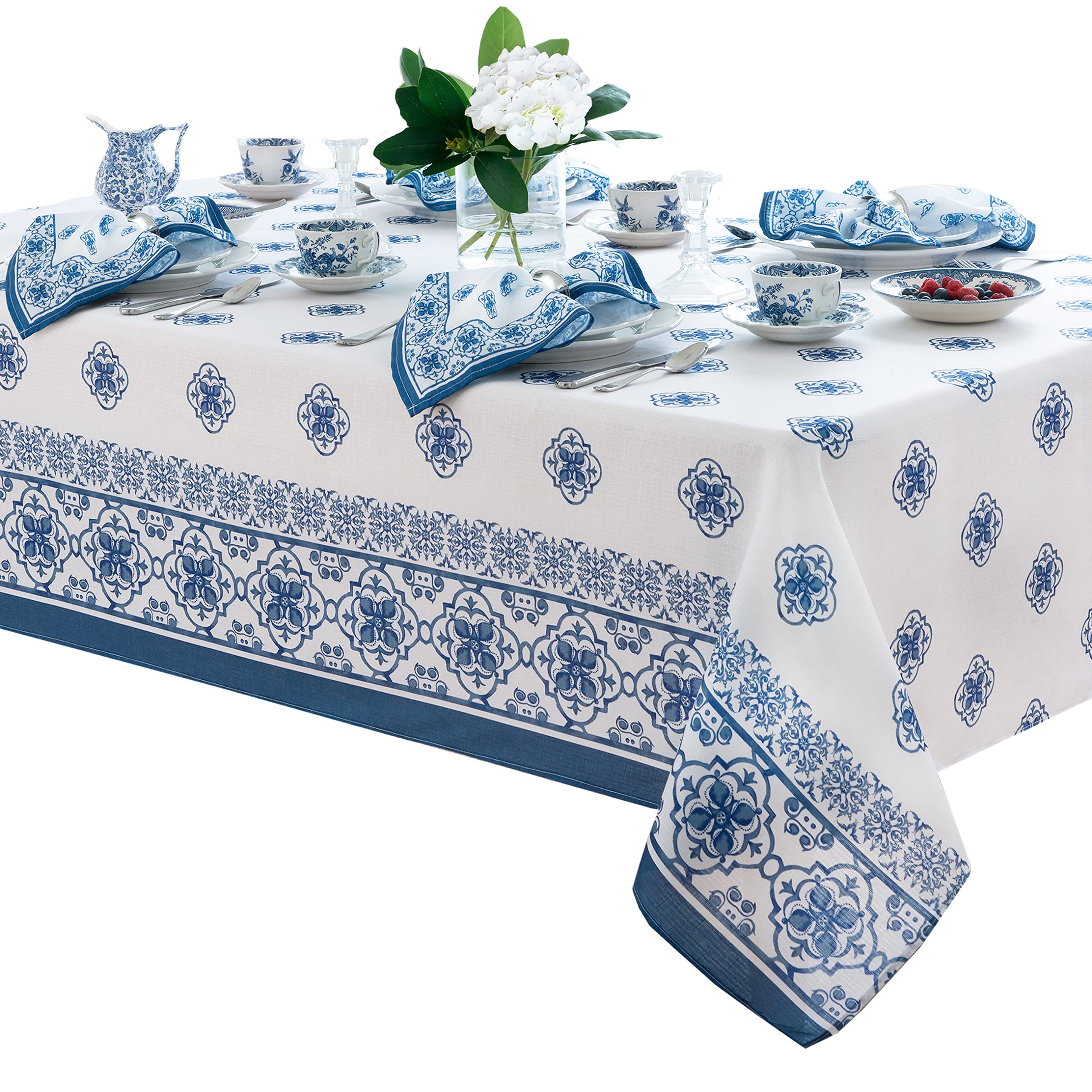Newbridge Rectangle Fabric Placemats, Set Of 4 Placemats, Mykonos Blue Mediterranean, Indoor Outdoor Stain Resistant No-Iron Pla