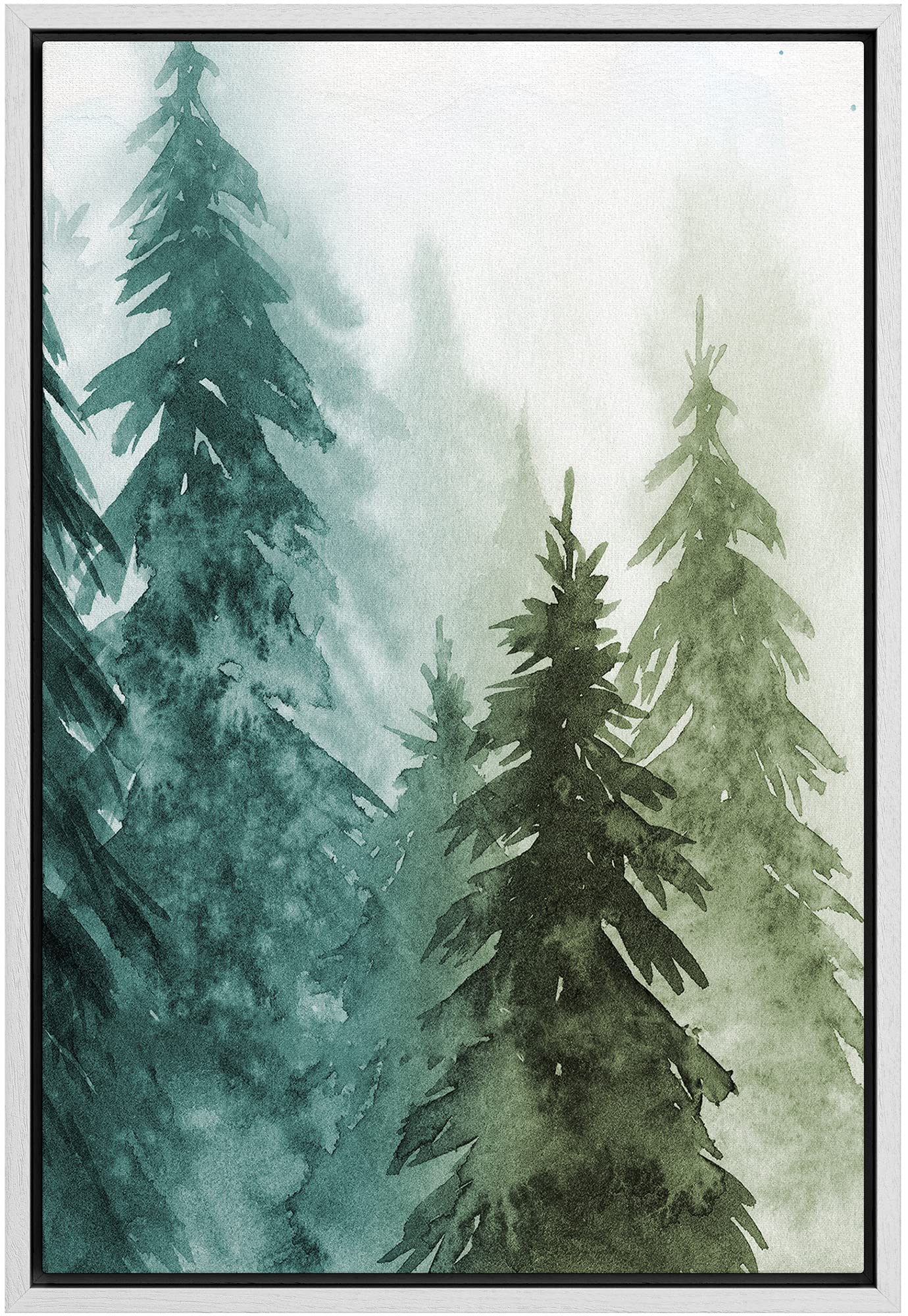 Signwin Framed Canvas Print Wall Art Woodland Nursery Decor Green & Teal Watercolor Forest Pine Trees Floral Nature Illustration