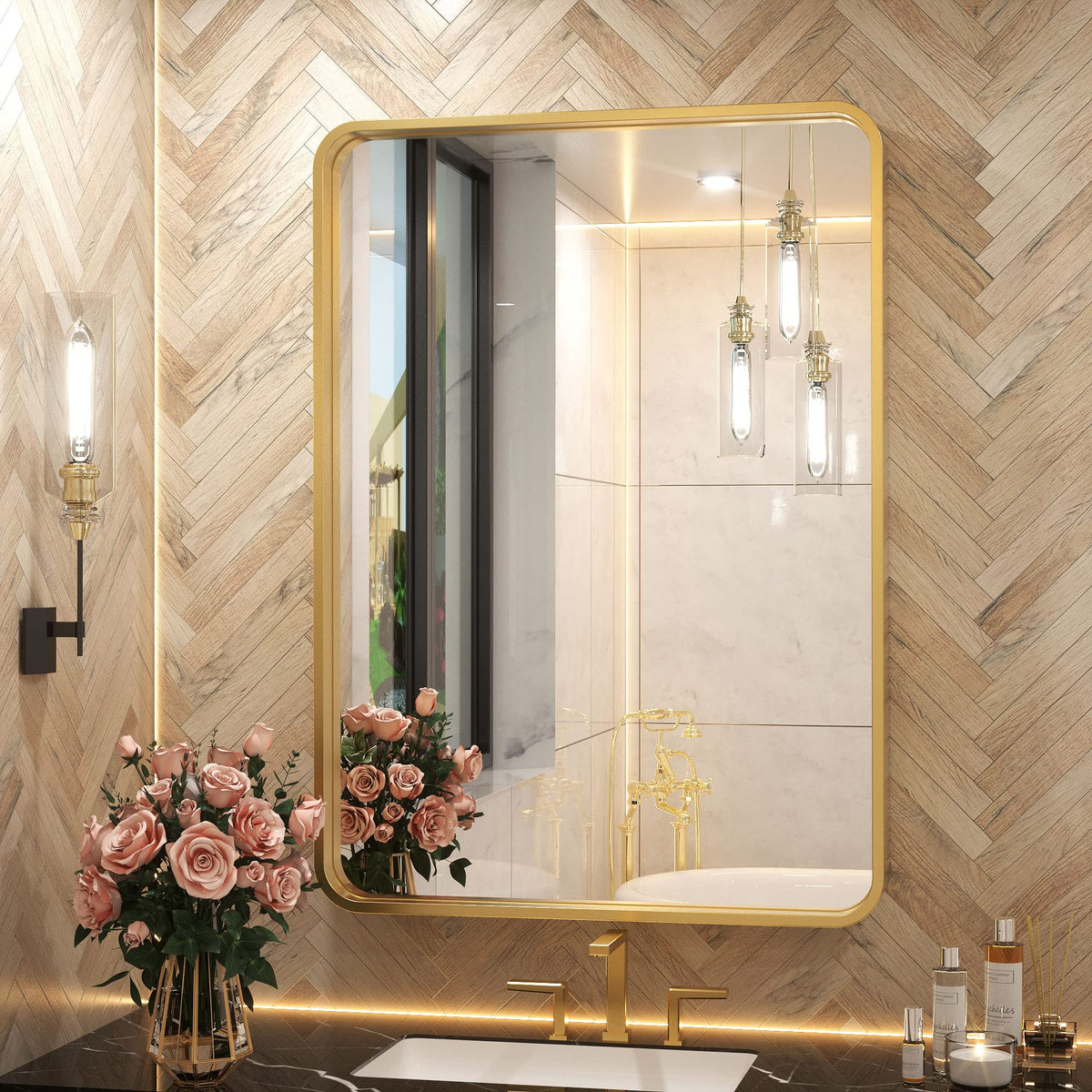 Tetote Brushed Gold Bathroom Mirror, 24 X 32 Inch Metal Framed Mirror, Brushed Brass Rectangle Wall Mounted Golden Vanity Mirror