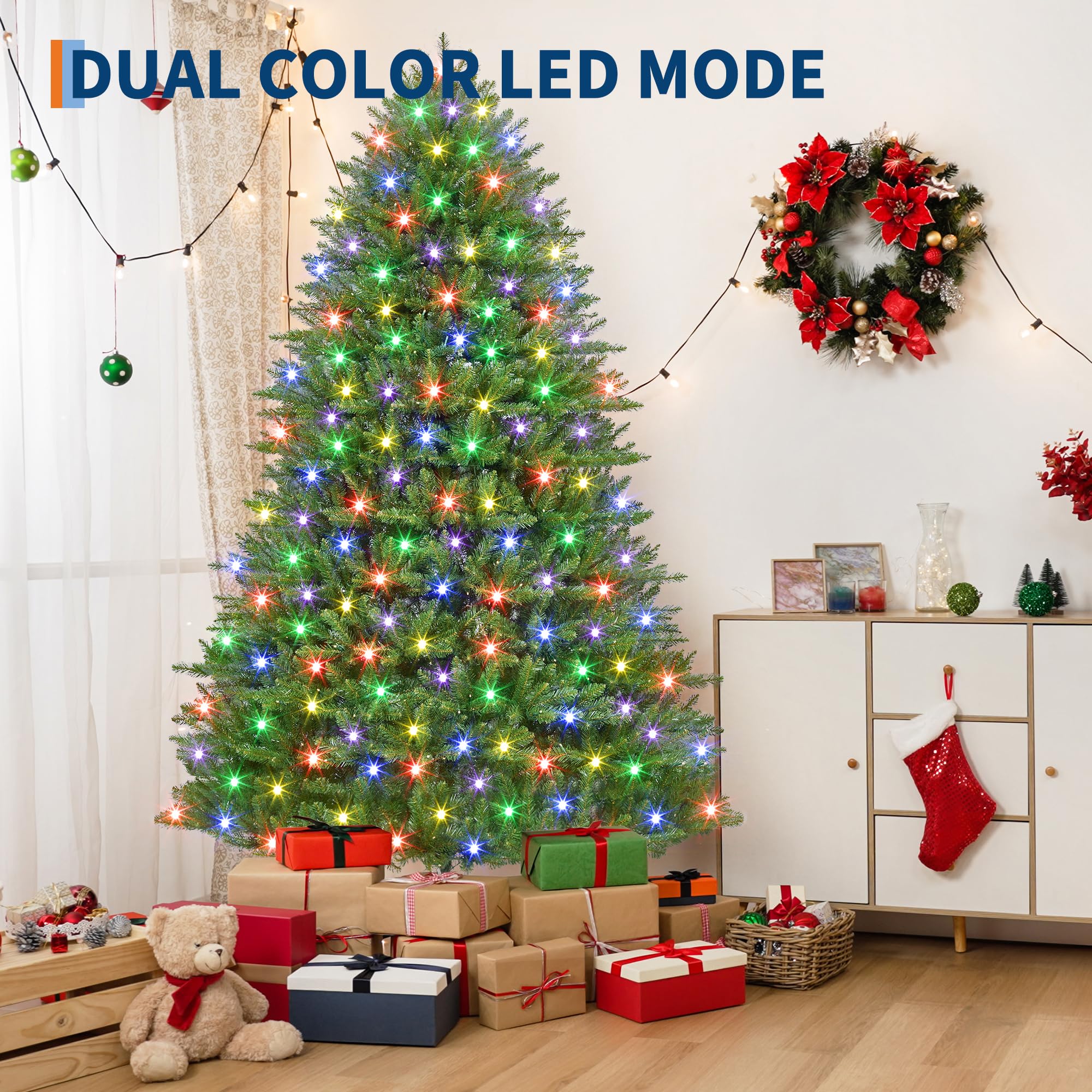 Garvee 6 ft Artificial Christmas Tree Prelit, PVC Xmas Tree with 1309 Branch Tips, 450 Dual-Color LED Lights & Foldable Base, fo