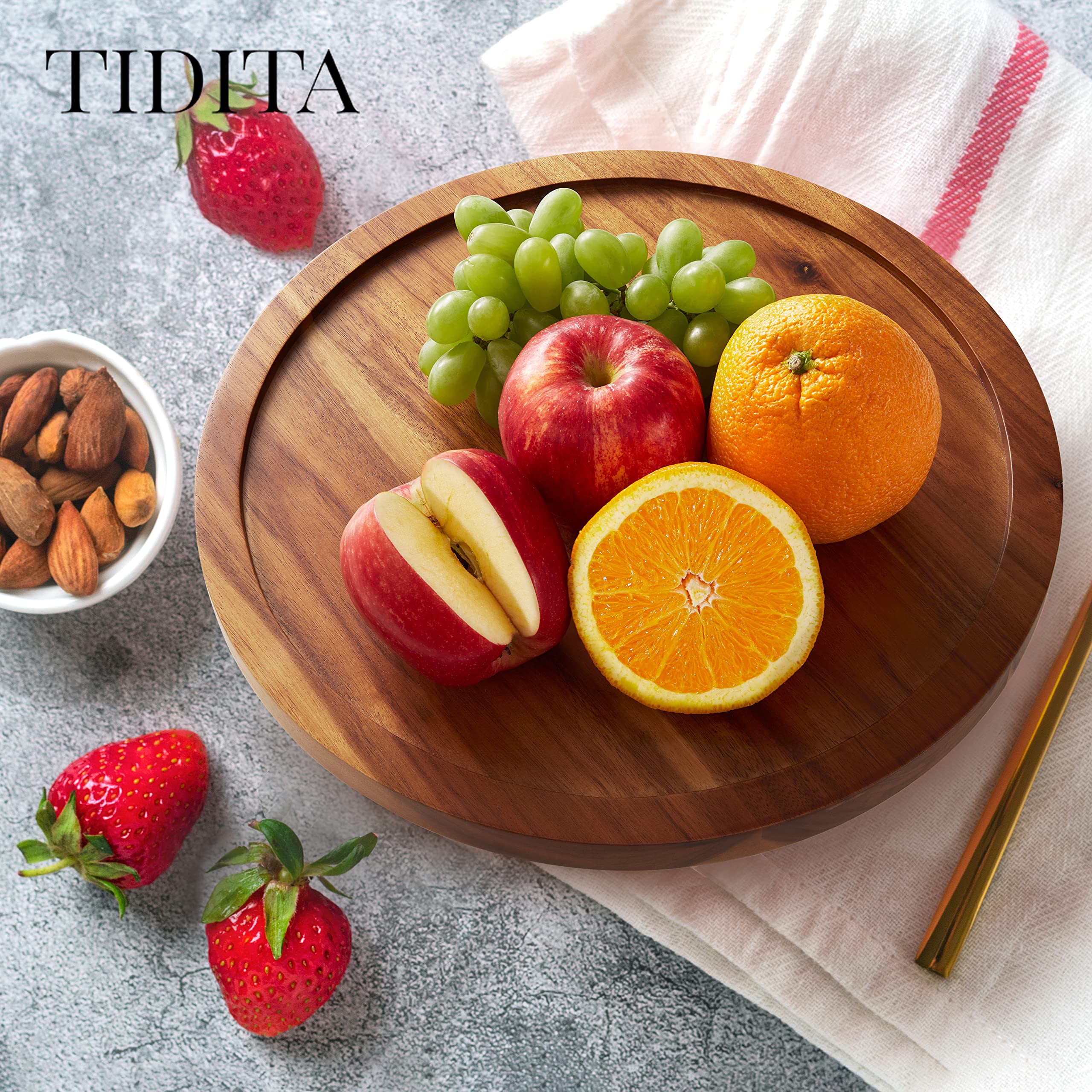 Tidita 13'' Acacia Lazy Susan Turntable For Table - Wooden Lazy Susan Organizer For Cabinet - Kitchen Turntable Storage Food Bin