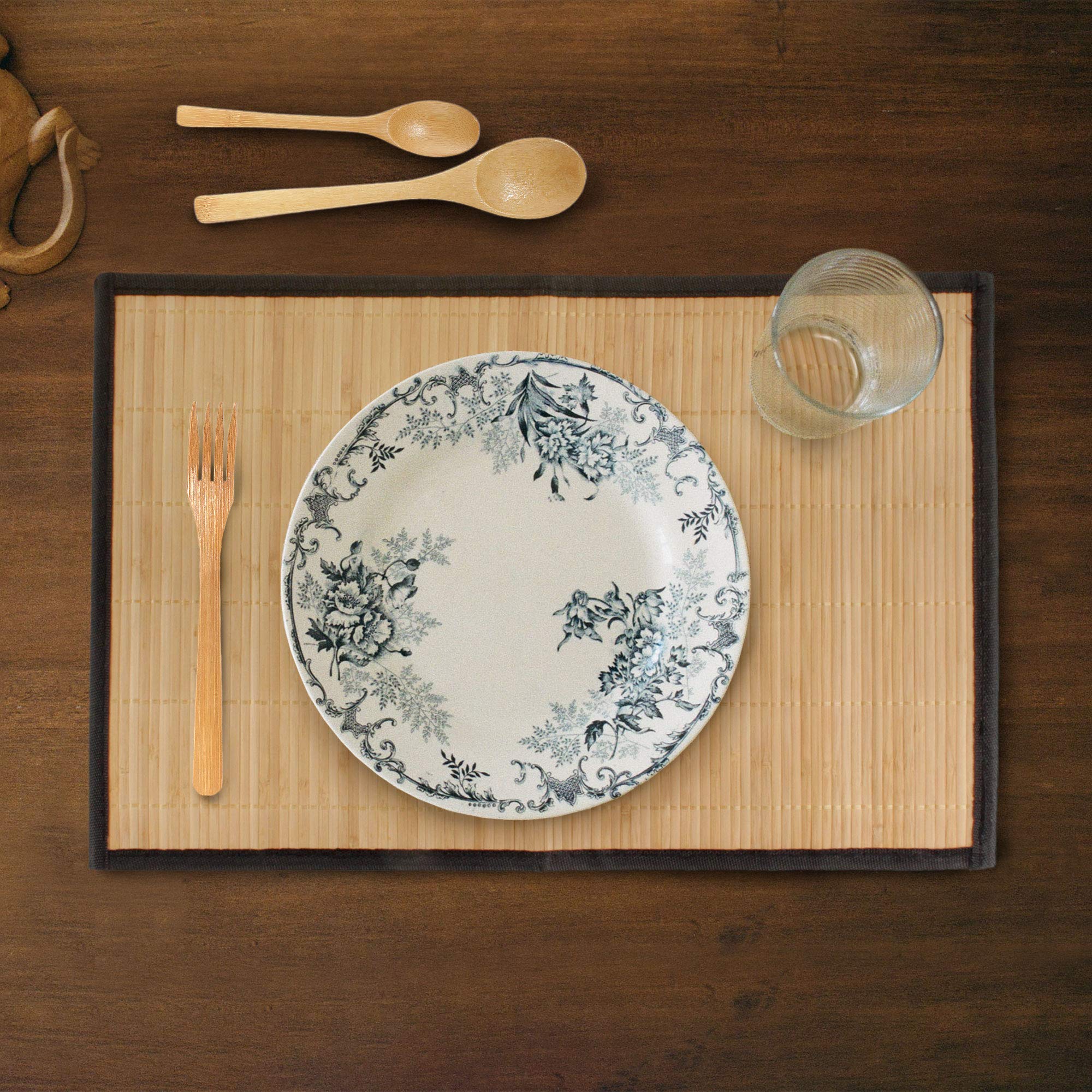 Bamboomn Bamboo Slats Placemat With Fabric Border - Solid Color Print - 17.5'' X 12'' - Brown With Black Border, 6 Pcs