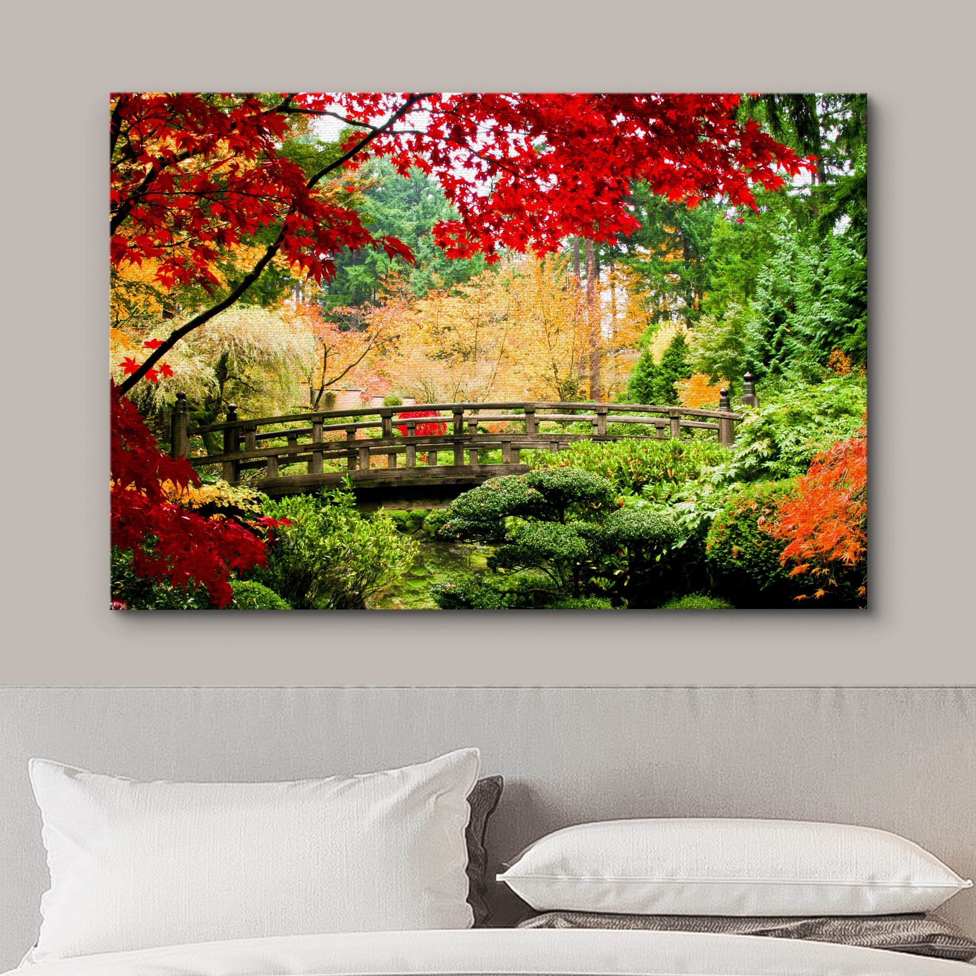 Wall26 Canvas Print Wall Art Asian Style Bridge In Autumn Fall Forest Nature Wilderness Photography Modern Art Rustic Scenic Col