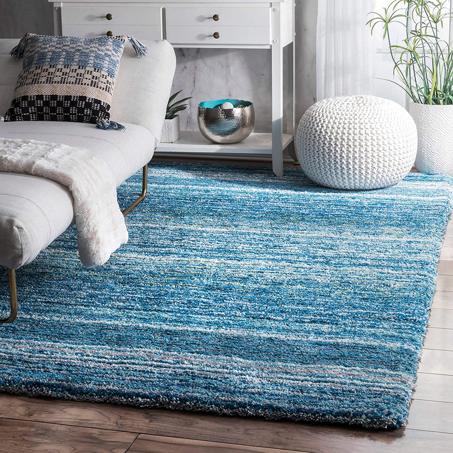 Carpetify Classie Ombre Pattern Shag Area Square Rug, 5X5 Feet, Sky Blue Mixture