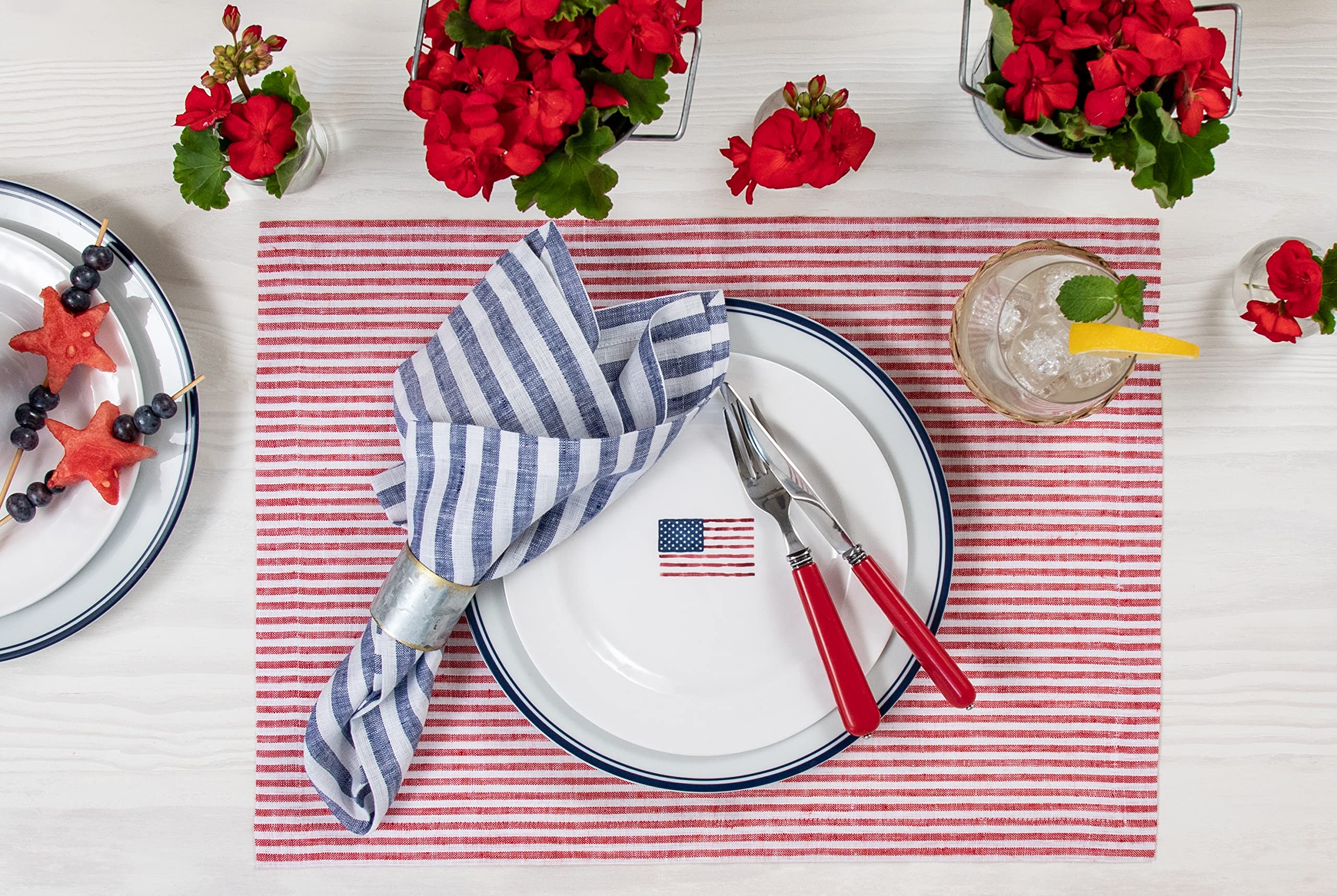 Solino Home Stripe Linen Dinner Napkins 20 X 20 Inch - 100% Pure Linen Red And White Cloth Napkins Set Of 4 For Spring - Narrow