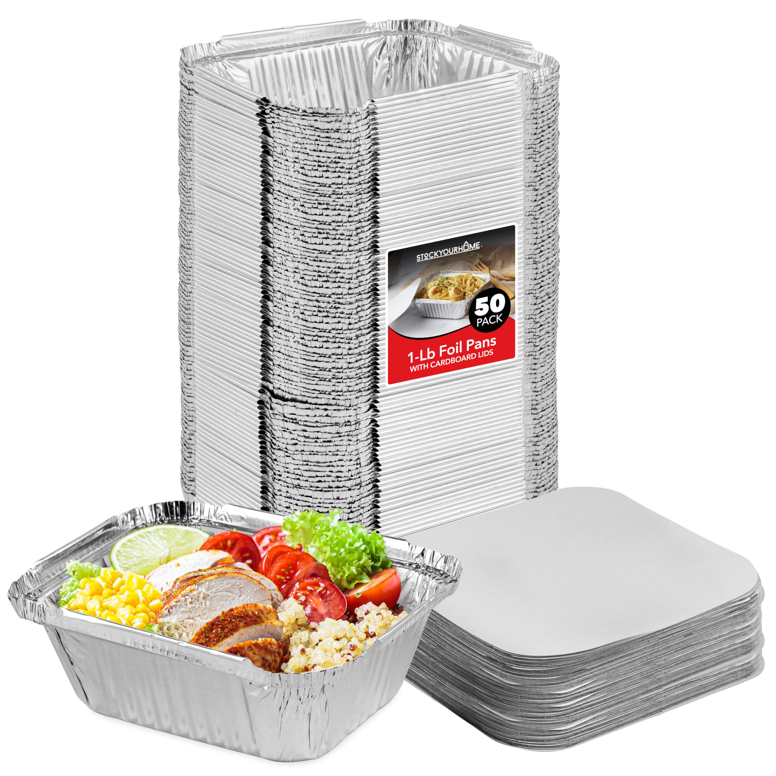 Small Aluminum Pans Take Out Containers (50 Pack) 50 Foil Oblong Pans And 50 Cardboard Lids - 1 Lb Tin Pans - Disposable Food St