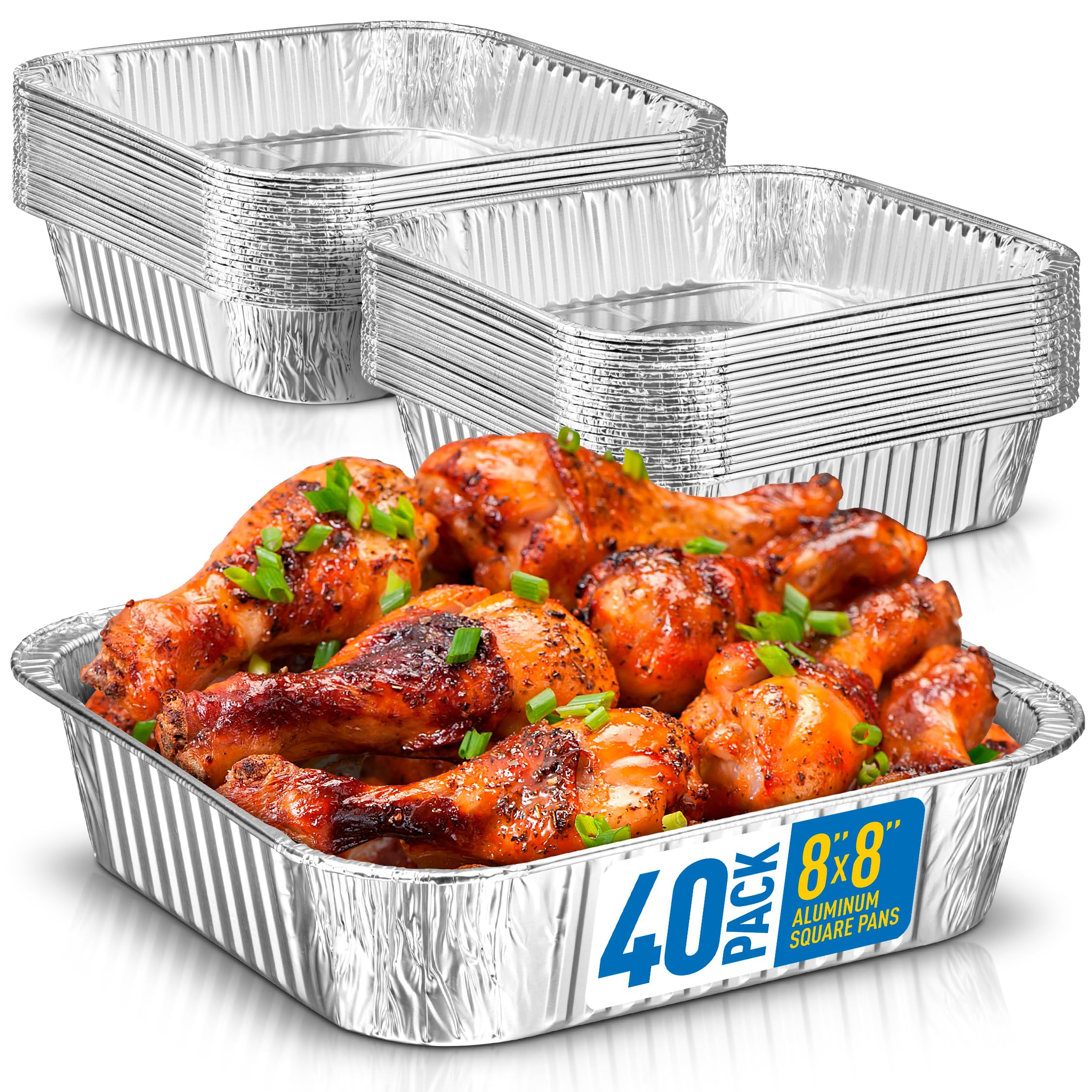 8X8 Disposable Aluminum Pans - 40 Pack Foil Pans For Cooking, Baking Cakes, Roasting & Homemade Breads - Disposable Food Contain