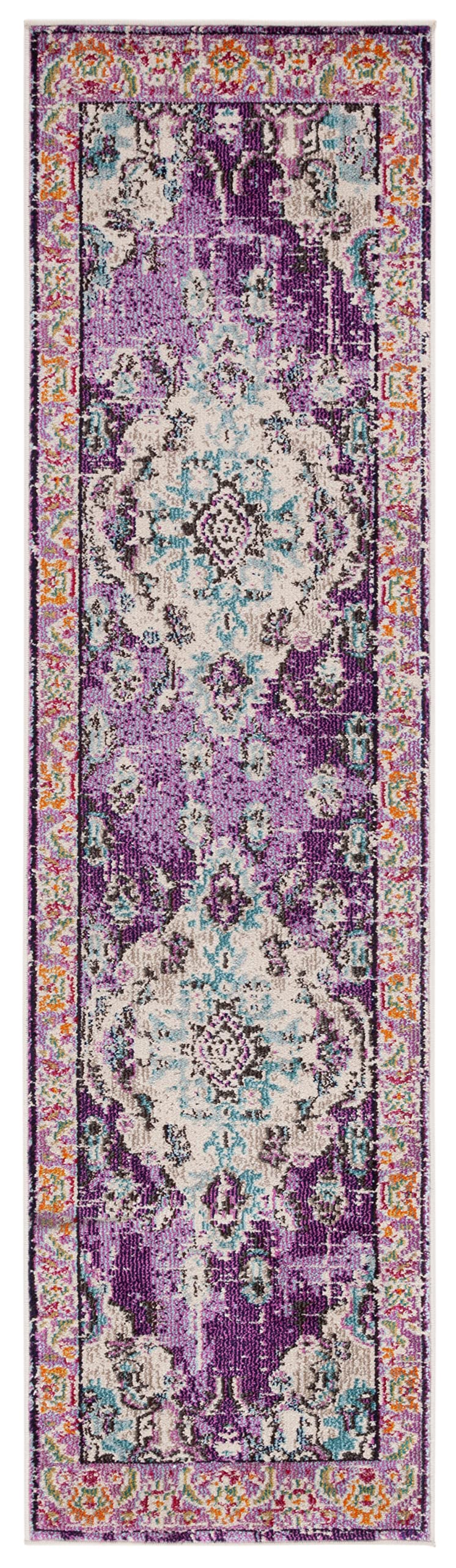 SAFAVIEH Monaco Collection Runner Rug - 22 x 8, Violet & Light Blue, Boho Chic Medallion Distressed Design, Non-Shedding & Eas