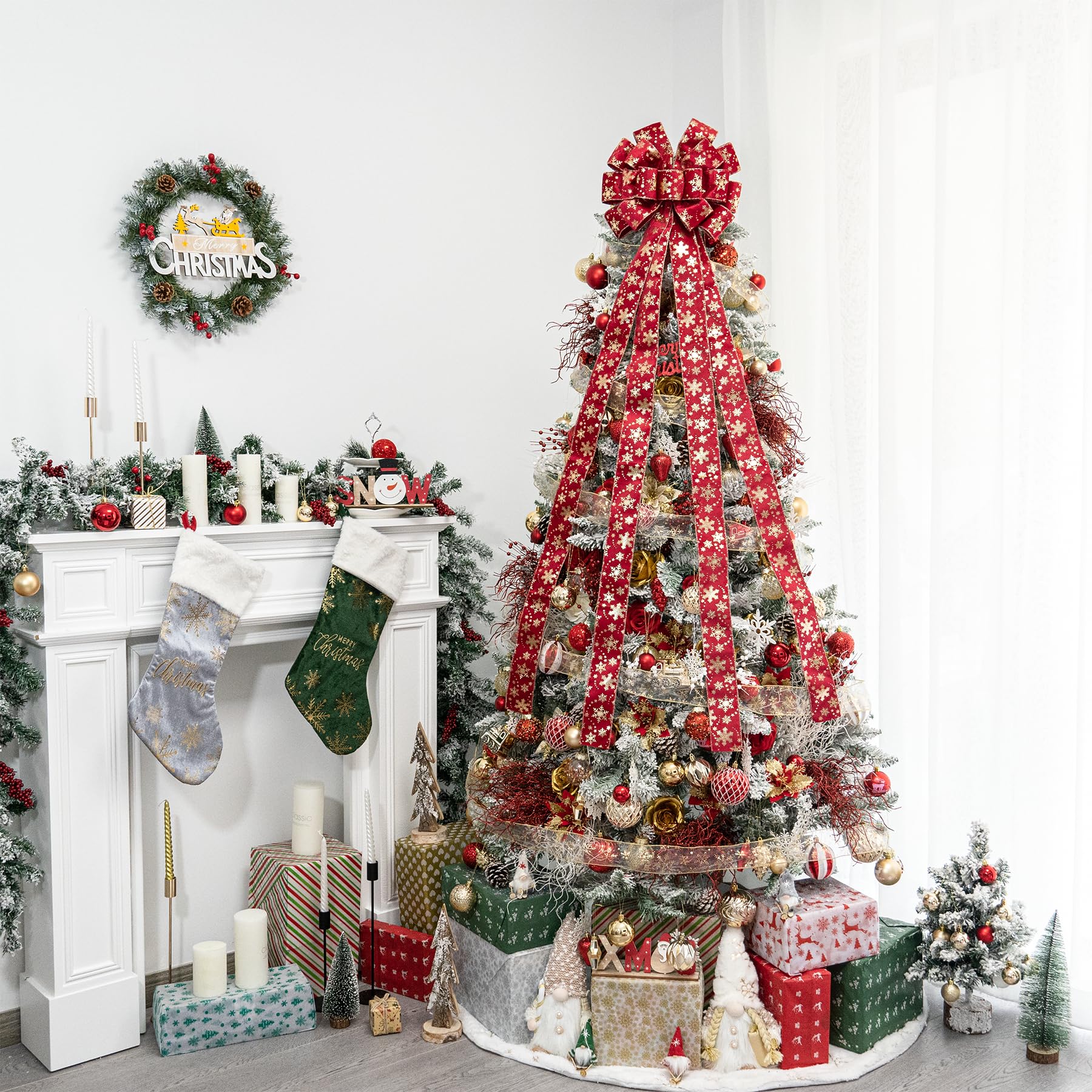Hismir Christmas Tree Topper Bow, 53x13 Inches Large Christmas Velvet Topper Bow with Gold Snowflakes, Decorative Ribbon Bows fo