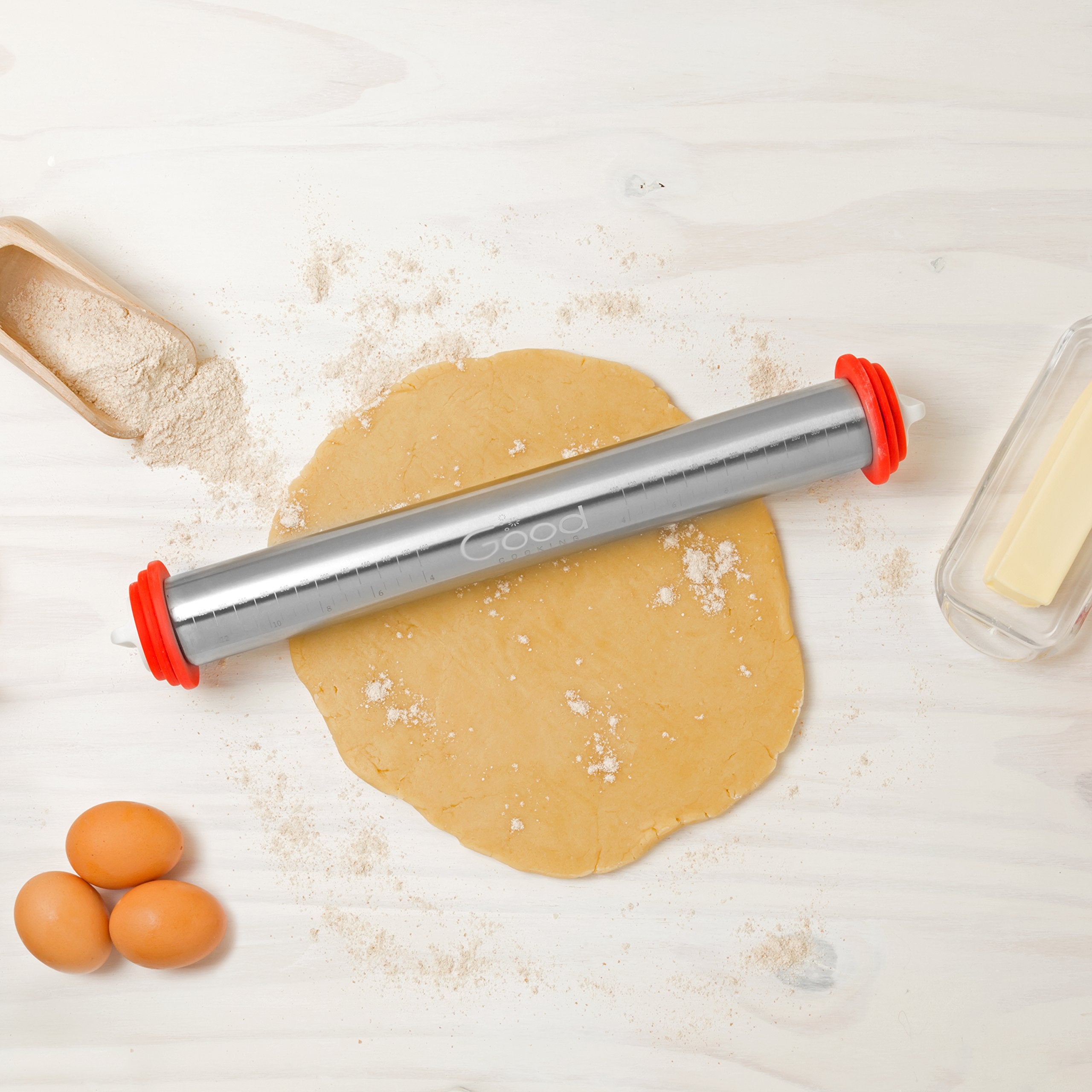 Adjustable Extra Large Pastry Rolling Pin With Thickness Rings - Stainless Steel French Dough Roller With 17'' Barrel And 3 Remo