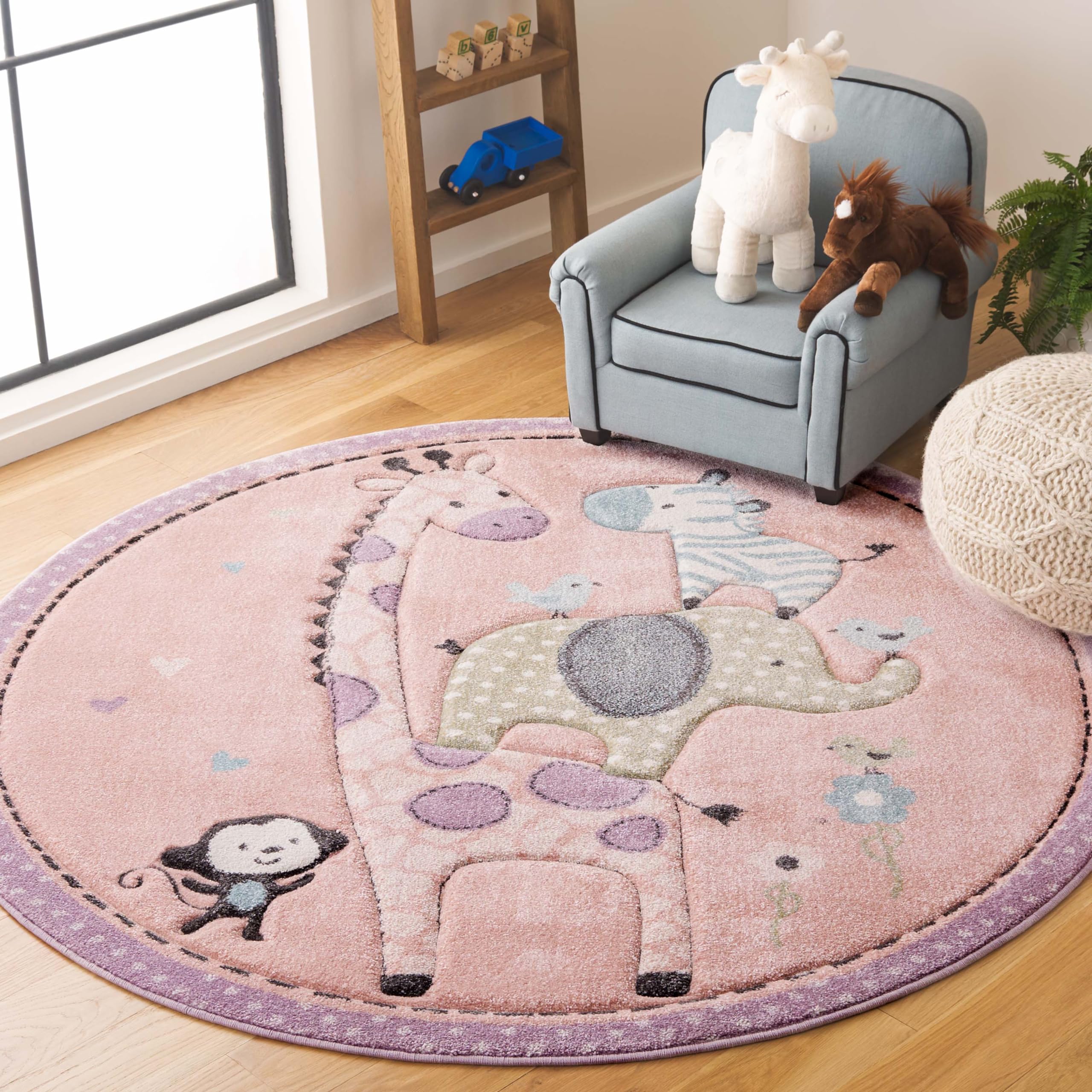 SAFAVIEH Carousel Kids Collection Area Rug - 4 Round, Blush Pink, Animal Design, Easy Care & Non-Shedding, Ideal for High Traff