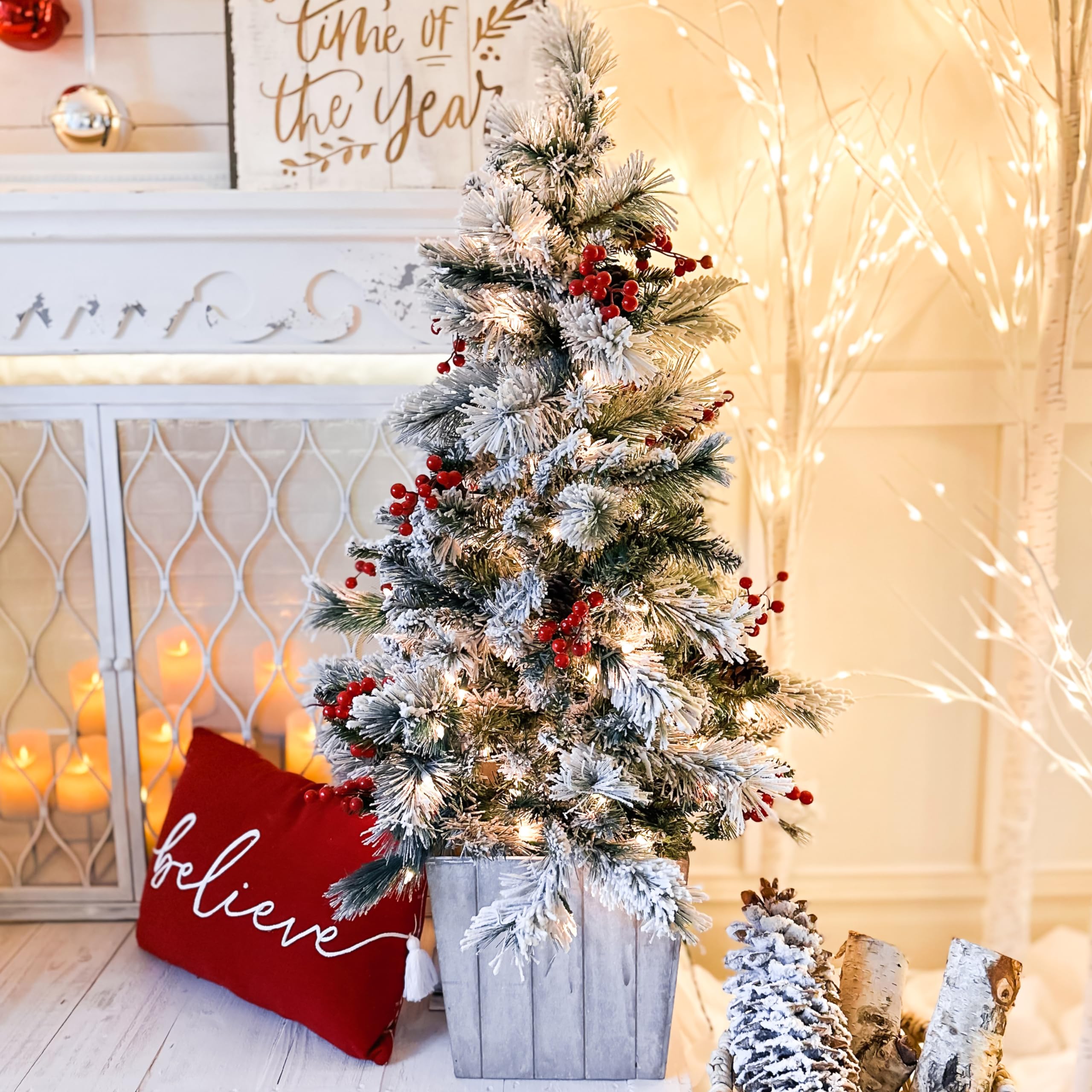 Haute Decor 4 Foot Pre-lit Ashcroft Artificial Frosted Fir Potted Christmas Tree with 100 Soft White LED Lights