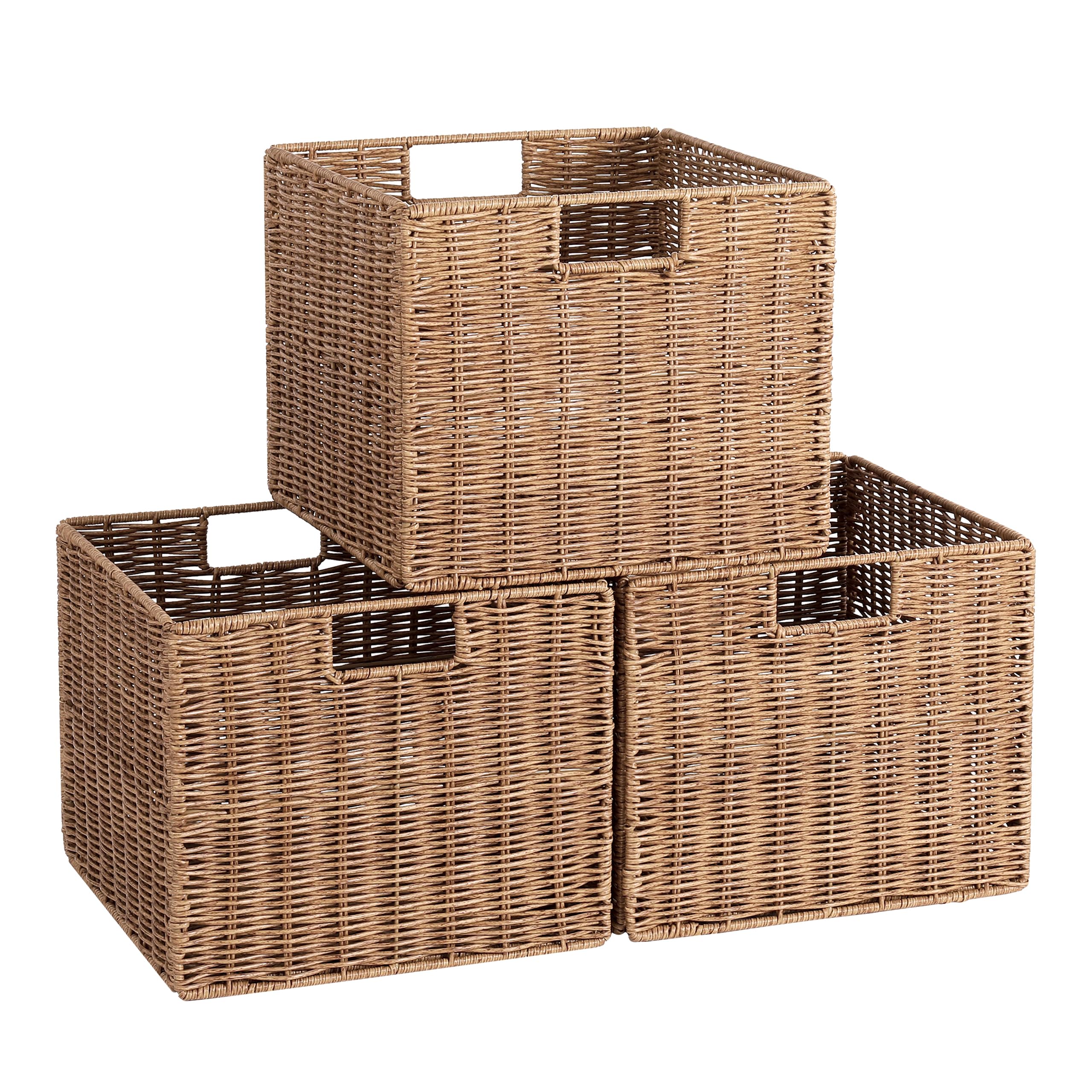 12X12X10in Plastic Wicker Storage Basket, Collapsible Wicker Cube Storage for Shelves, Woven Plastic Storage Basket for Pantry, 