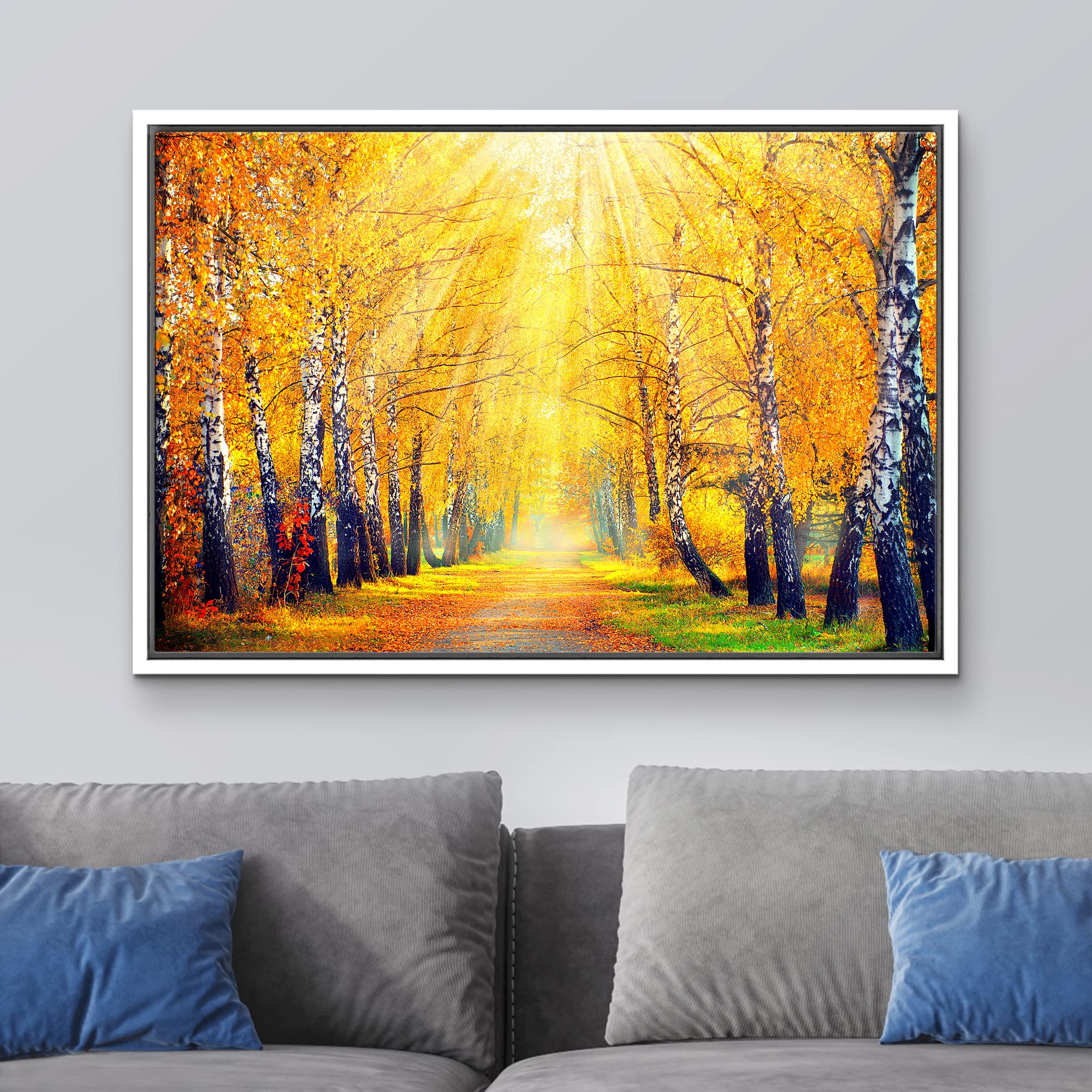 wall26 Framed Canvas Print Wall Art Sunlight Shine Over Yellow Autumn Forest Path Nature Wilderness Photography Modern Art Rustic Scenic Multicolor for Living Room  Bedroom  Office - 16''x24'' White