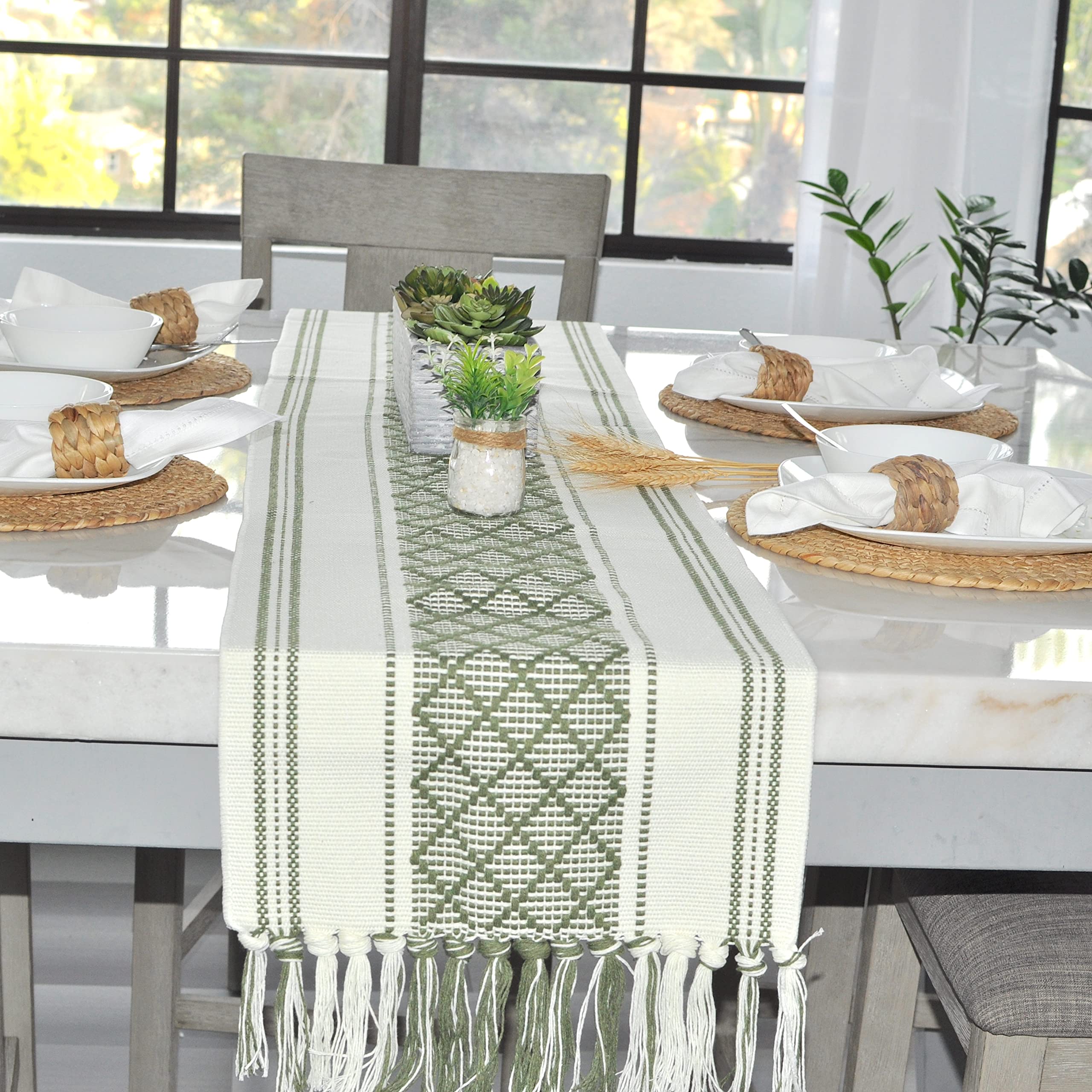 Boho Dining Table Runner With Tassels 14 X 90 Inches, Olive Green & Cream | Woven Washable Dresser Scarf For Bedroom | Farmhouse