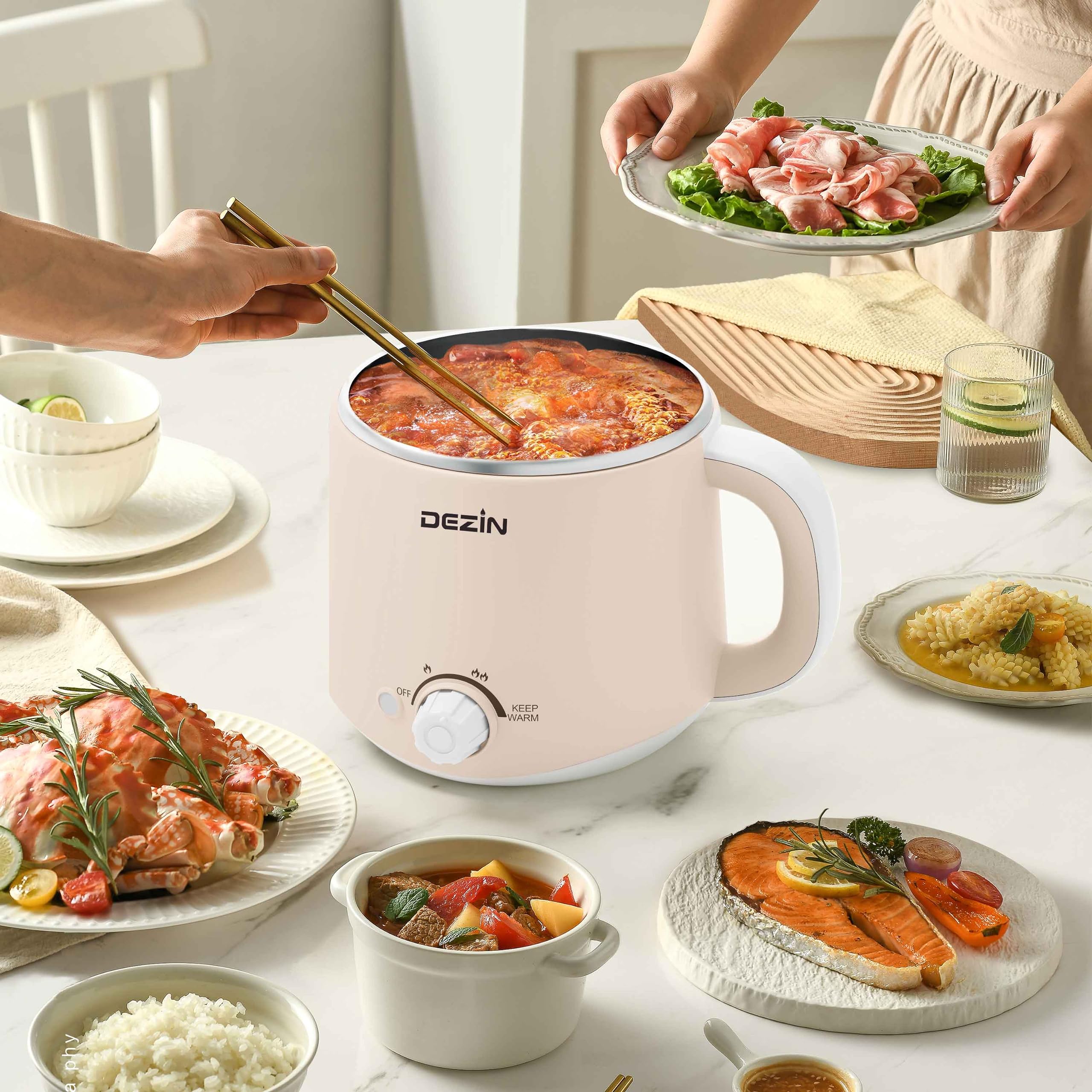 DEZIN Electric Pot, 1.6L Stainless Steel Ramen Cooker with Temperature Control, Beige, Model GLH-830