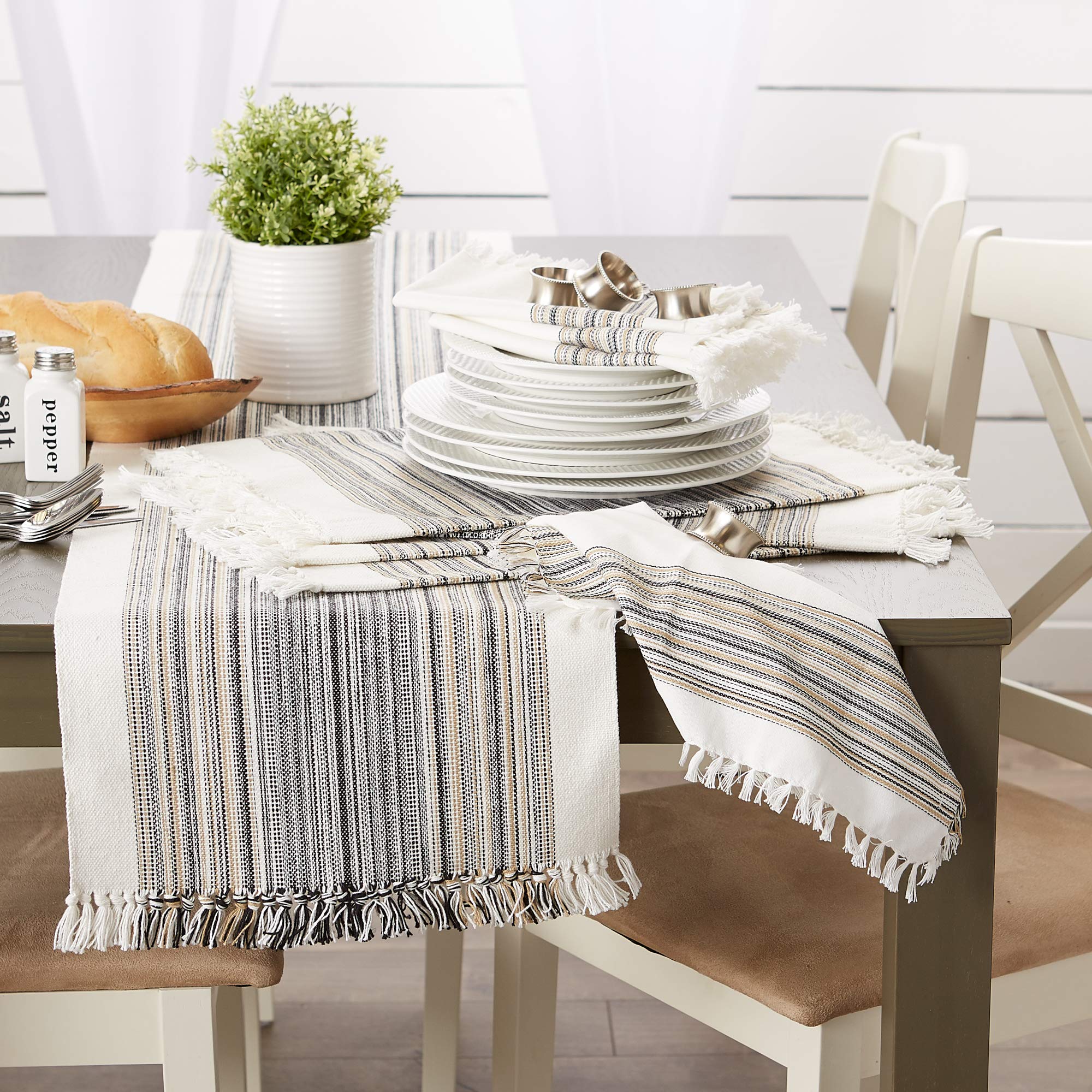 Dii Everyday Collection Fringed Stripe Tabletop, Table Runner, 14X108, Black