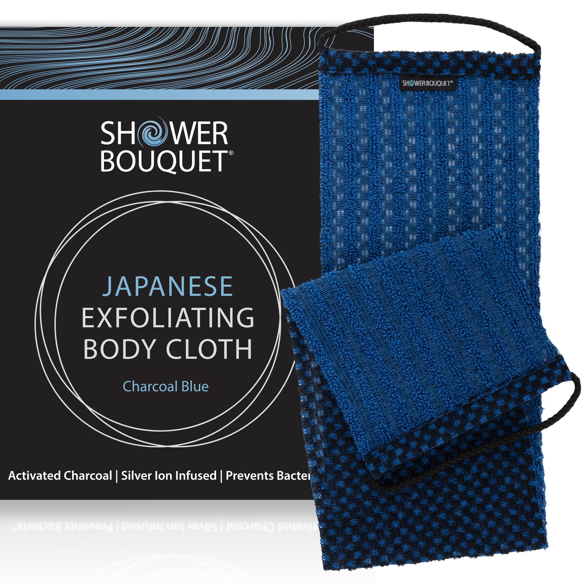Japanese Exfoliating Washcloth For Back & Body - Charcoal & Silver Ion Exfoliating Towel With Handles - Two-Sided Gentle Exfolia