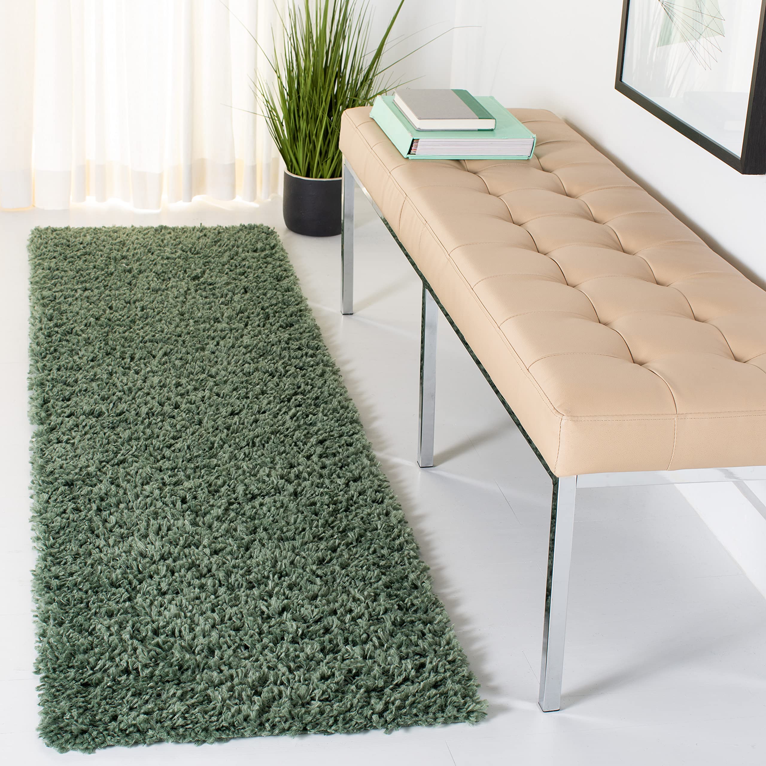 SAFAVIEH August Shag Collection Runner Rug - 2 x 13, Green, Solid Design, Non-Shedding & Easy Care, 1.5-inch Thick Ideal for H