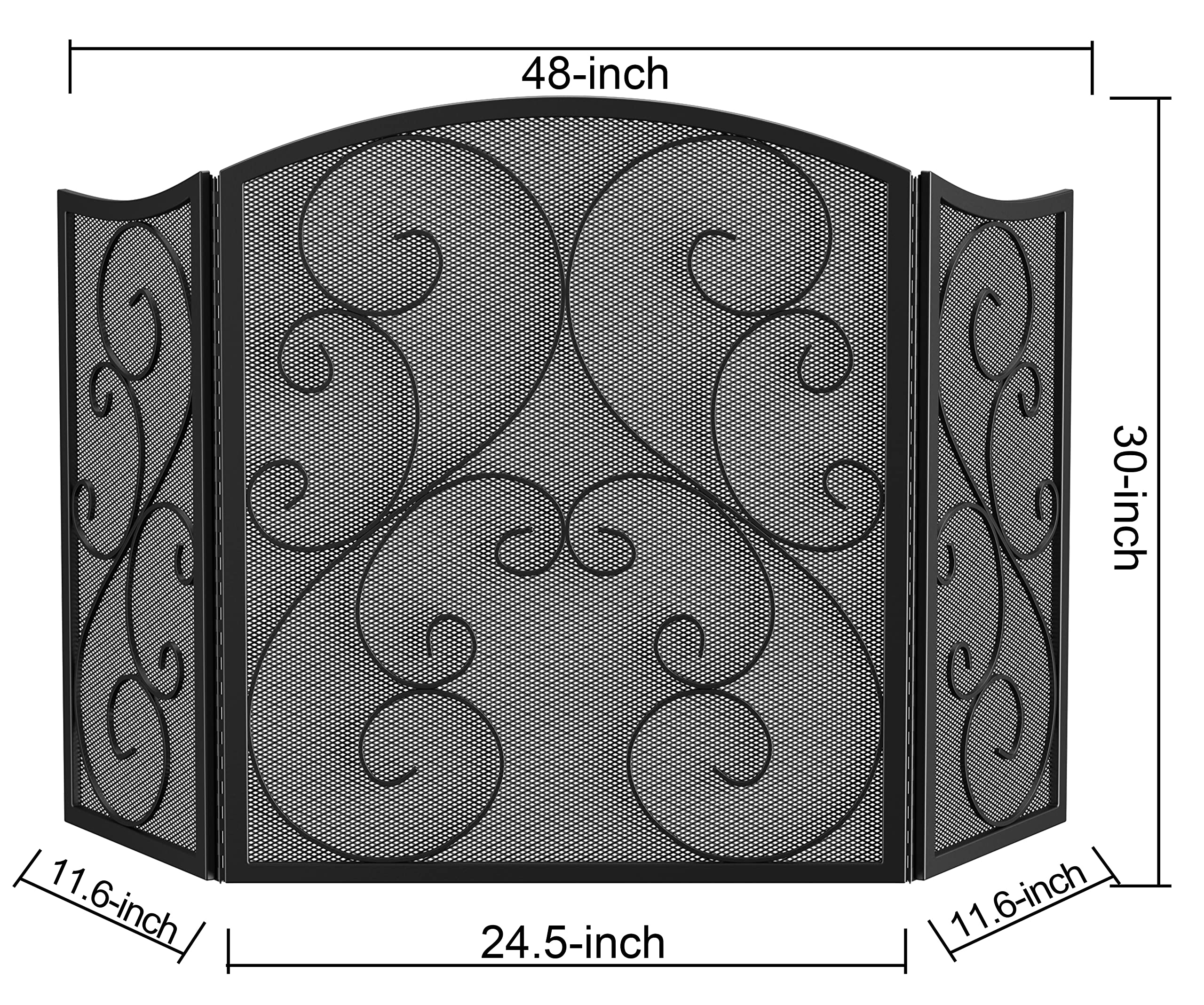 Fire Beauty Fireplace Screen 3 Panel Wrought Iron Black Metal 48 ''(L) x30(H) Spark Guard Cover(Black)