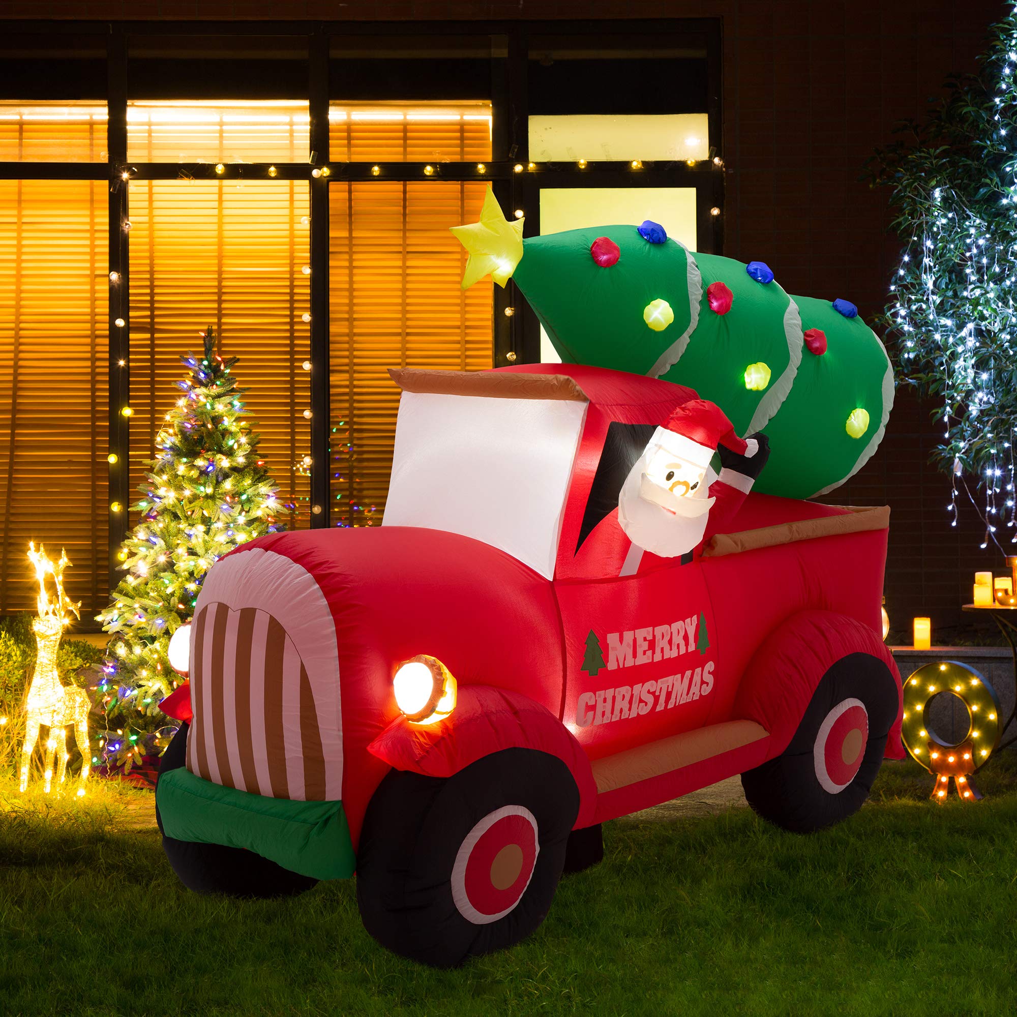 Christmas Inflatable Decoration 7 Feet Santa on Red Truck Built-in Lights Outdoor & Indoor Holiday Yard Decor Blow Up Festival D