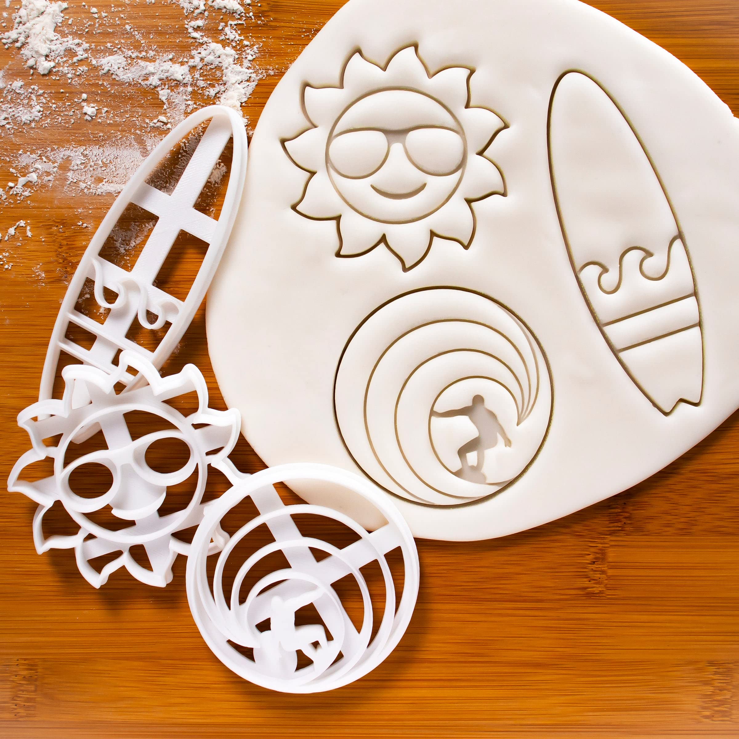 Set Of 3 Surfing Themed Cookie Cutters (Designs: Surfer, Surfboard And Sunshine), 3 Pieces - Bakerlogy