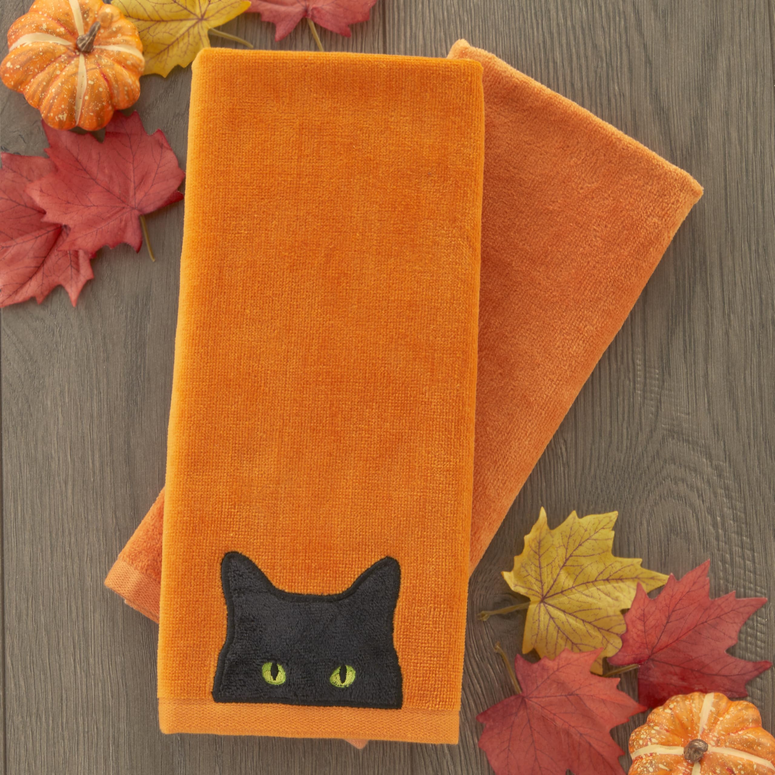 Skl Home Halloween Shadows Eyes Hand Towel 2Pc Set For Bath/Kitchen/Bar & Gift, Orange