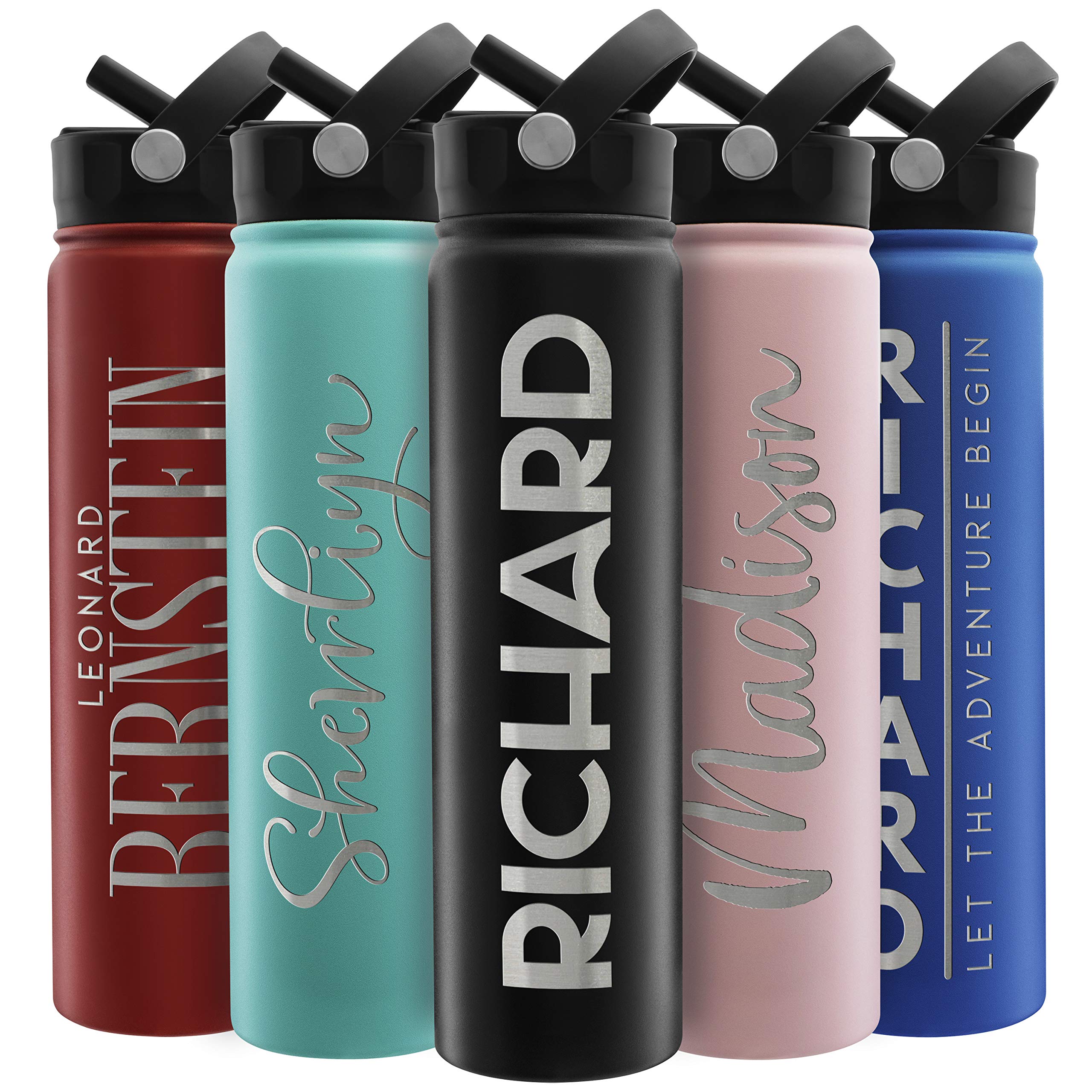 Amazing Items Personalized Water Bottle W/Straw & Lid, 24 Oz - Black | Custom Stainless Steel Sports Water Bottle W/Name And Tex