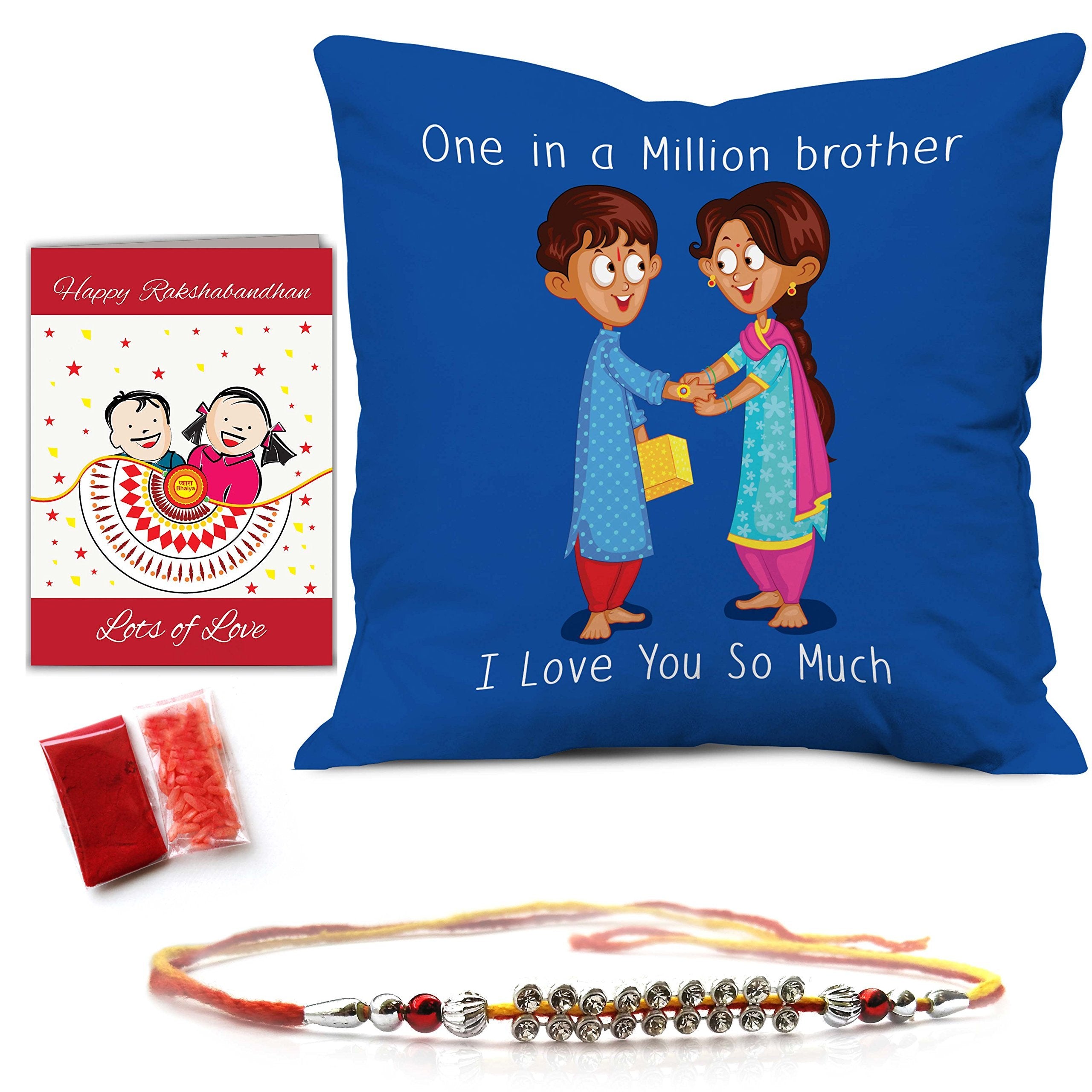 Indigifts Rakshabandhan Gifts I Love You So Much Bhaiya Quote Printed Cushion Cover 12X12 with Filler, Crystal Rakhi,Roli, Greet
