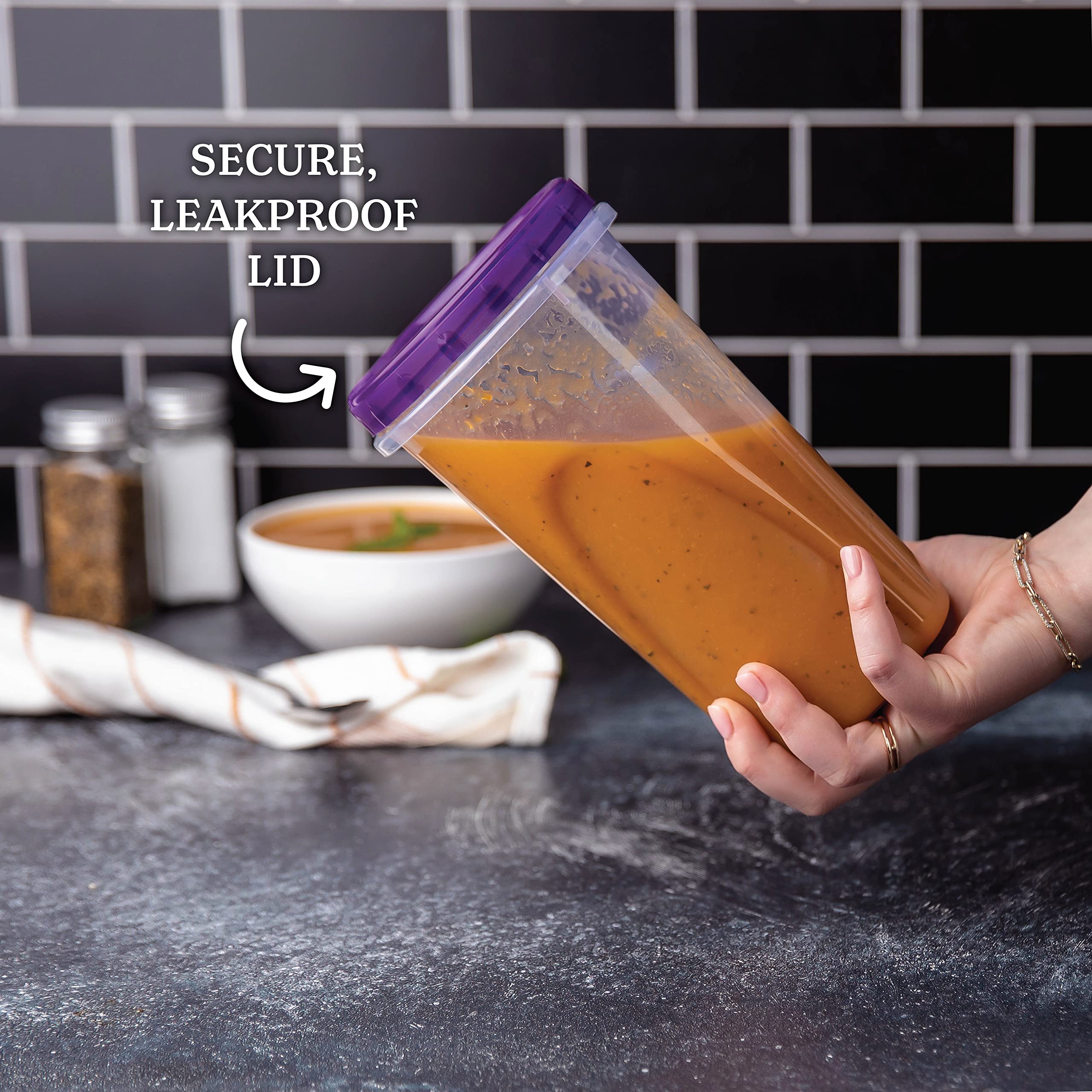 Plasticpro 48 Ounce Twist Top Deli Containers Clear Bottom With Purple Top Twist On Lids Reusable, Stackable, Food Storage Freez