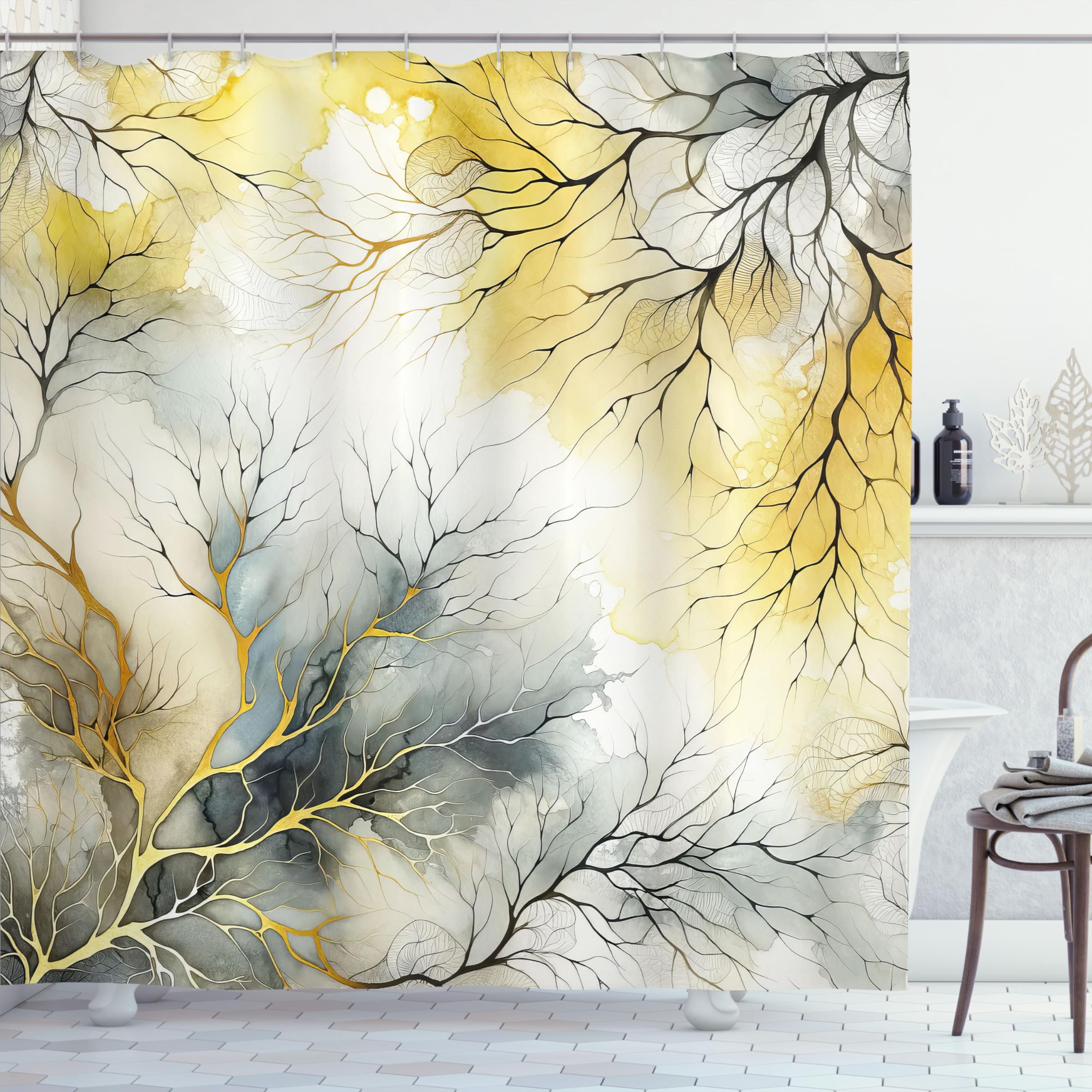 Ambesonne Yellow Shower Curtain, Modern Watercolor Look Backdrop With Leafless Branch Huddle Print Boho, Cloth Fabric Bathroom D